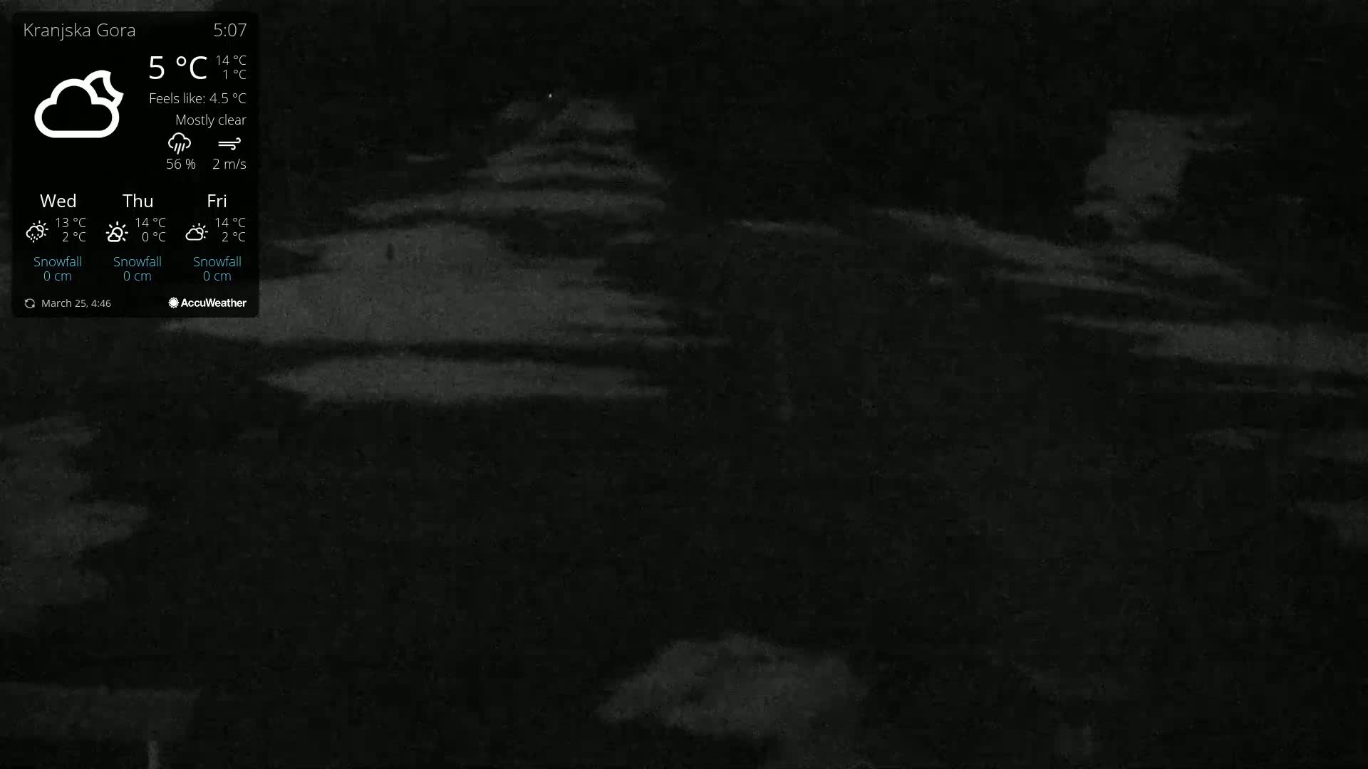 A mostly clear night scene shows a dark landscape under a slightly cloudy sky.