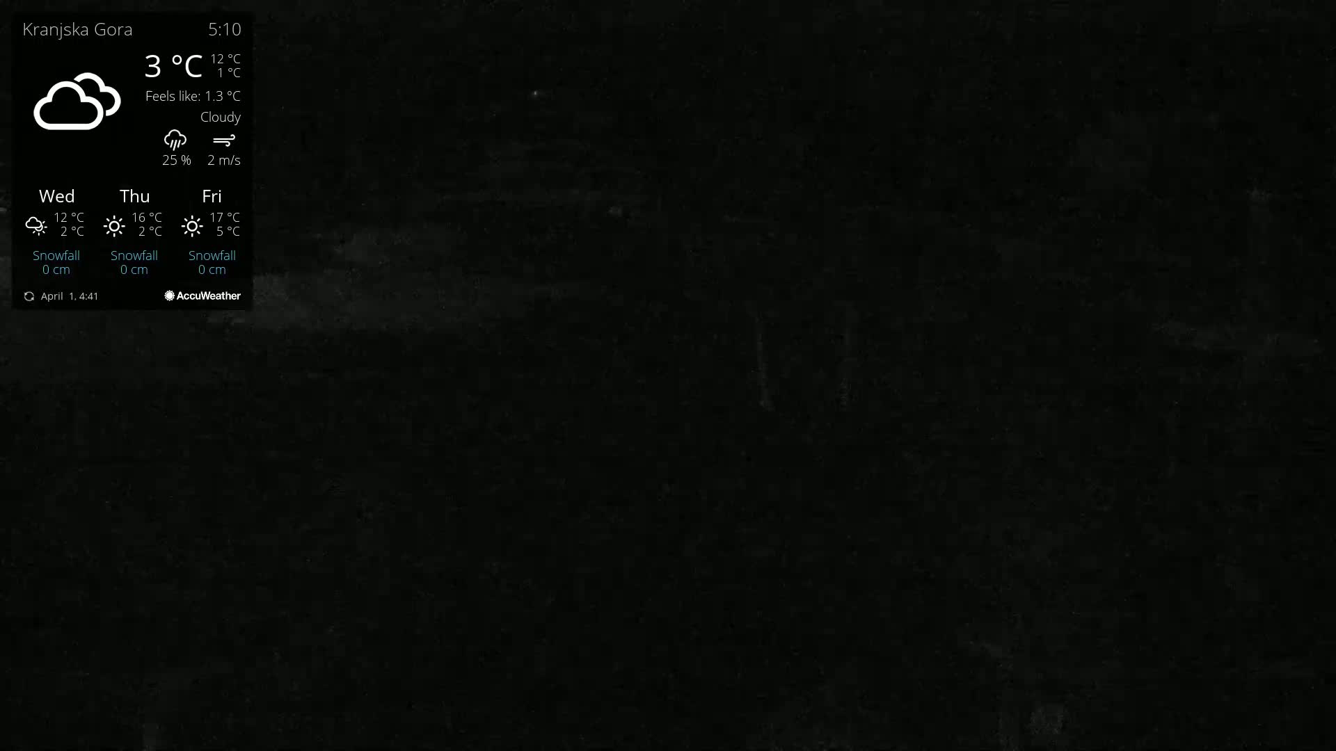 A dark, cloudy night scene is visible with a slight hint of snow.
