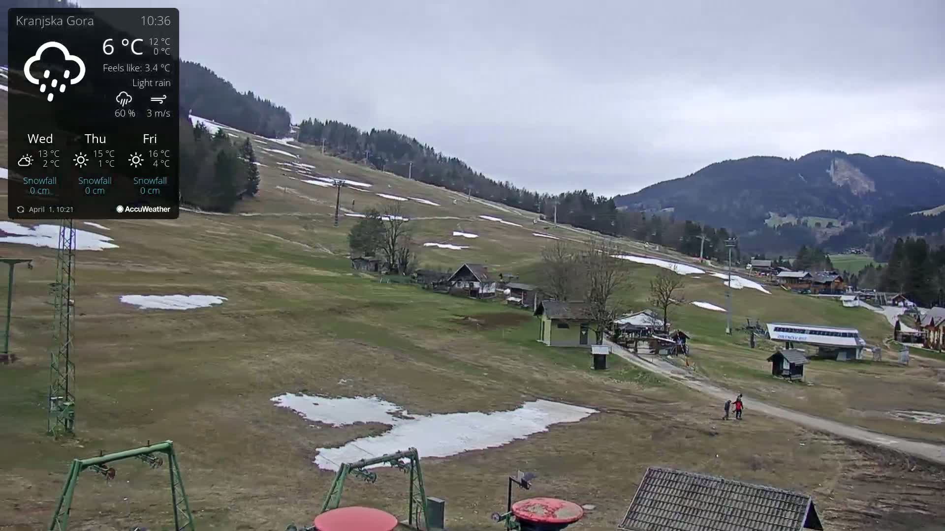 A ski slope with patches of melting snow under a light rain, overlooking a small village nestled in the foothills of a mountain range.
