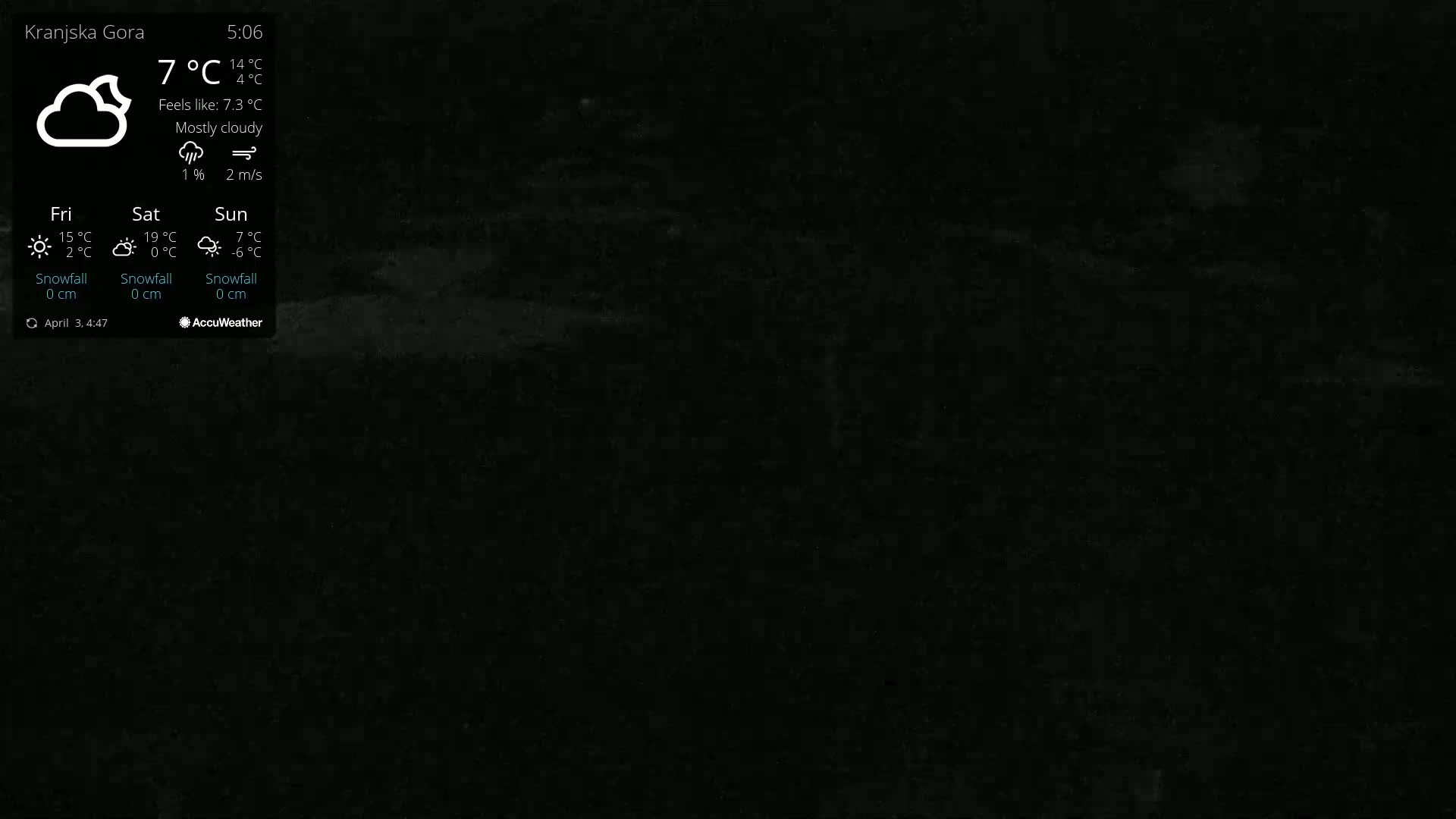 A mostly cloudy, dark nighttime scene shows a mostly black landscape with a slight hint of texture, under conditions of 7°C with a wind of 2 m/s.