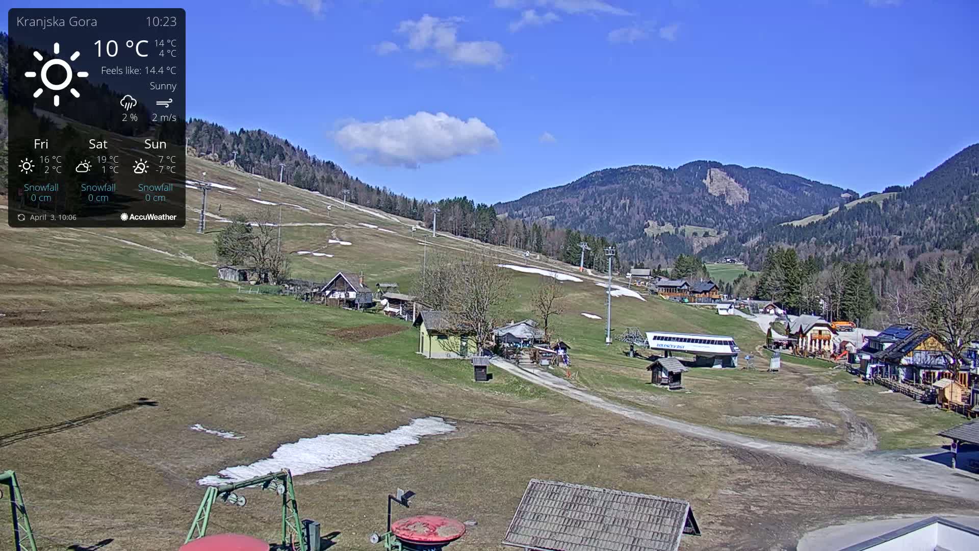 A sunny mountain resort with ski lifts and several buildings, showing patches of snow on the ground and slopes in the background.