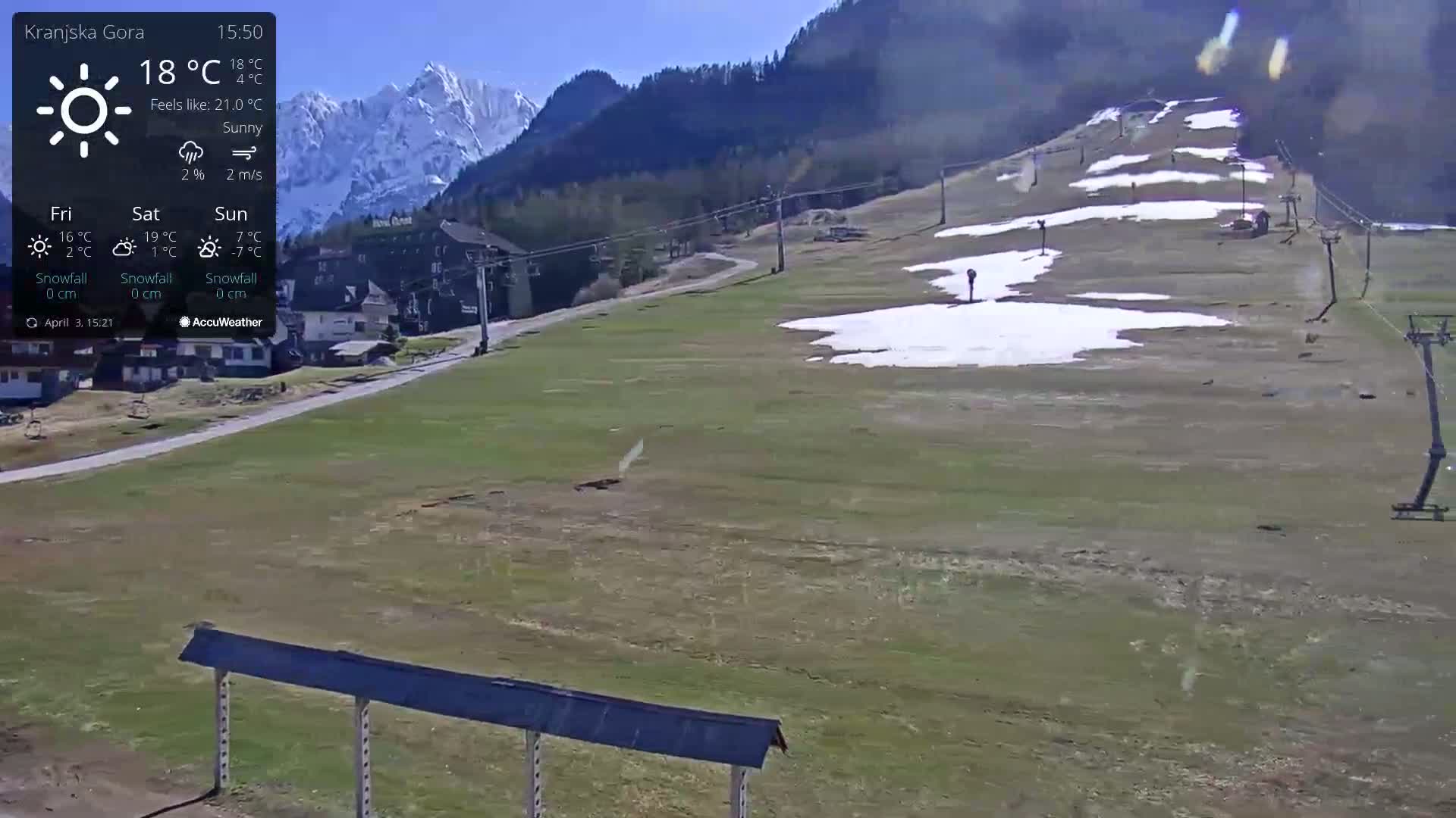 A sunny, mostly grassy ski slope with patches of melting snow is visible, mountains in the background under a clear sky.
