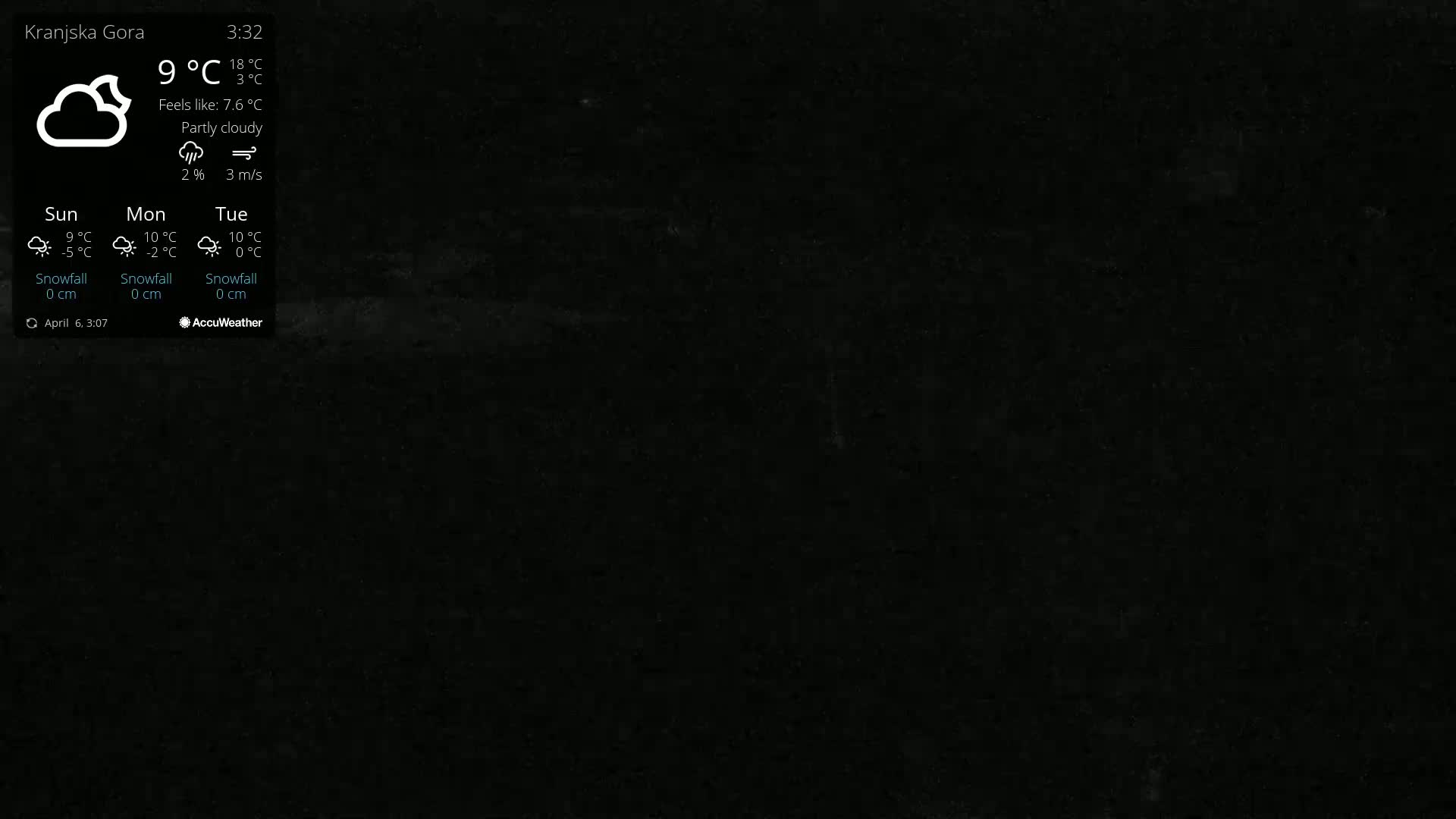 A dark, mostly black background displays a weather forecast showing partly cloudy conditions with a temperature of 9°C and a wind speed of 3 m/s.