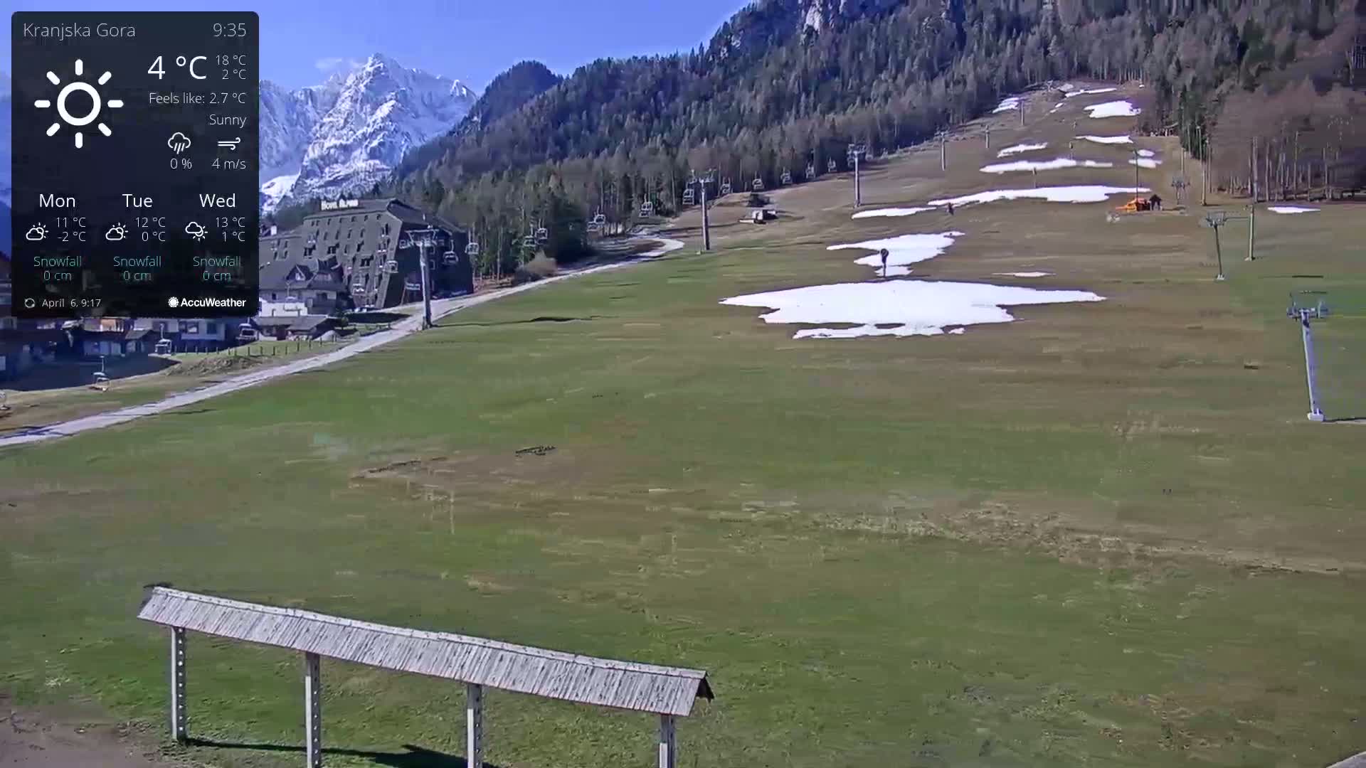 A sunny mountain vista shows a ski resort with chairlifts and patches of melting snow on a grassy slope, under a clear sky.