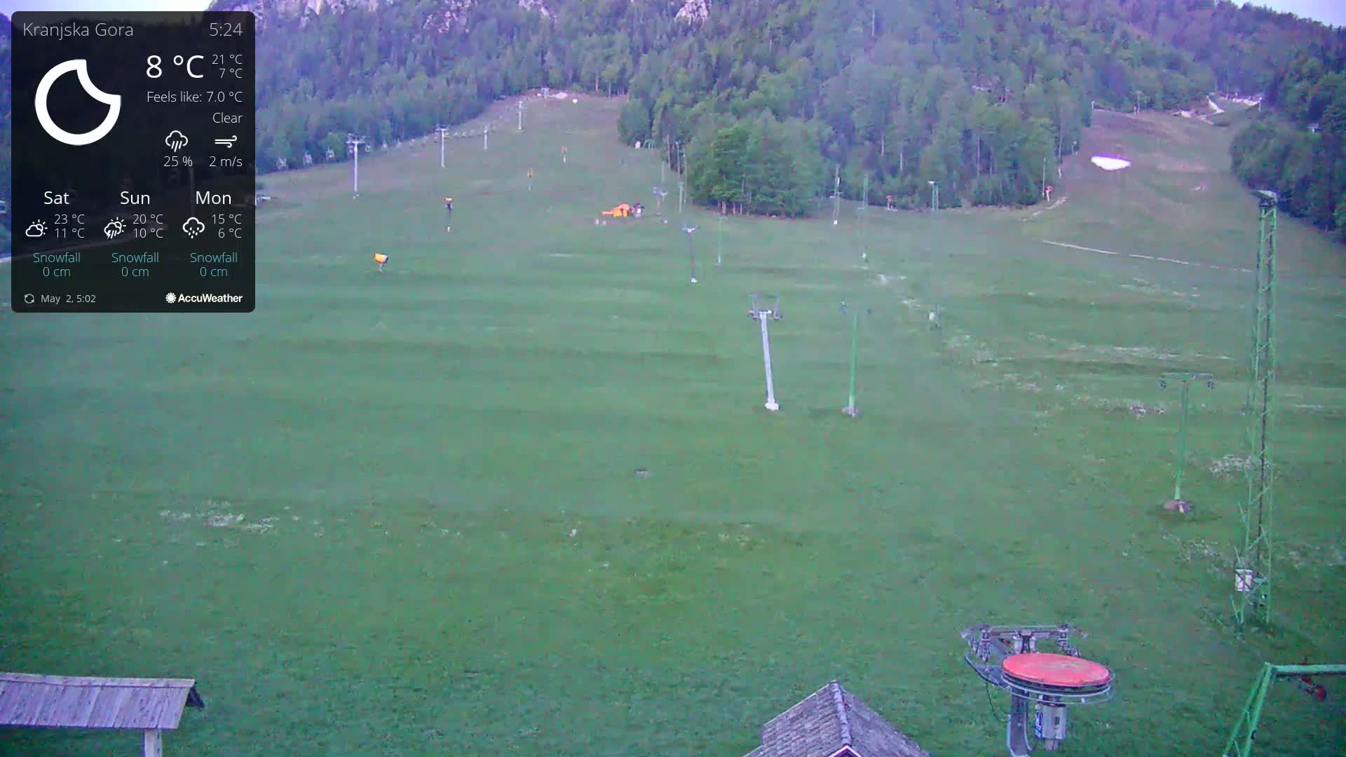 A grassy ski slope with several lift towers is visible under clear skies.