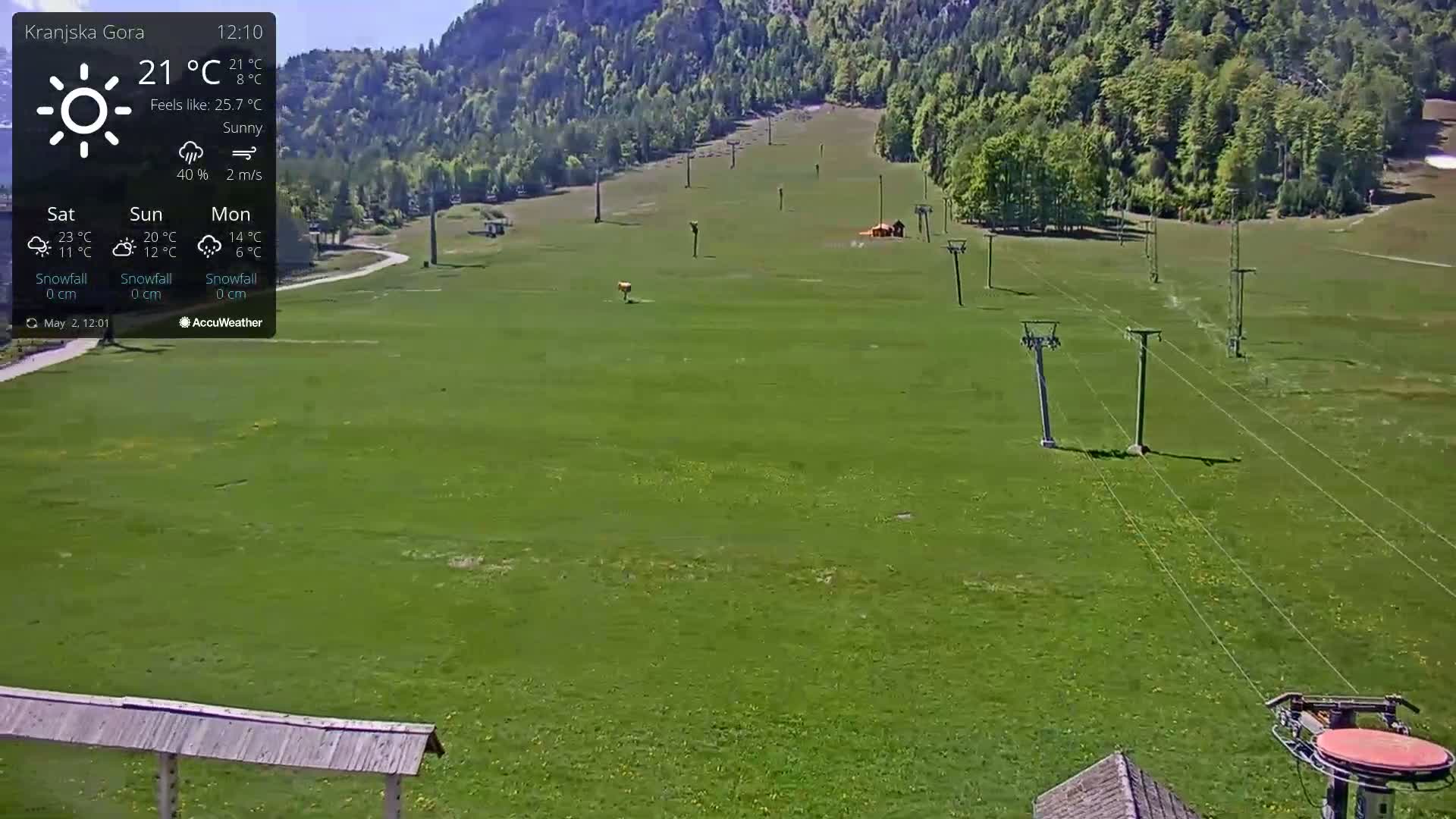 A sunny, green field with ski lift infrastructure is visible, backed by a hillside of trees under a clear sky.