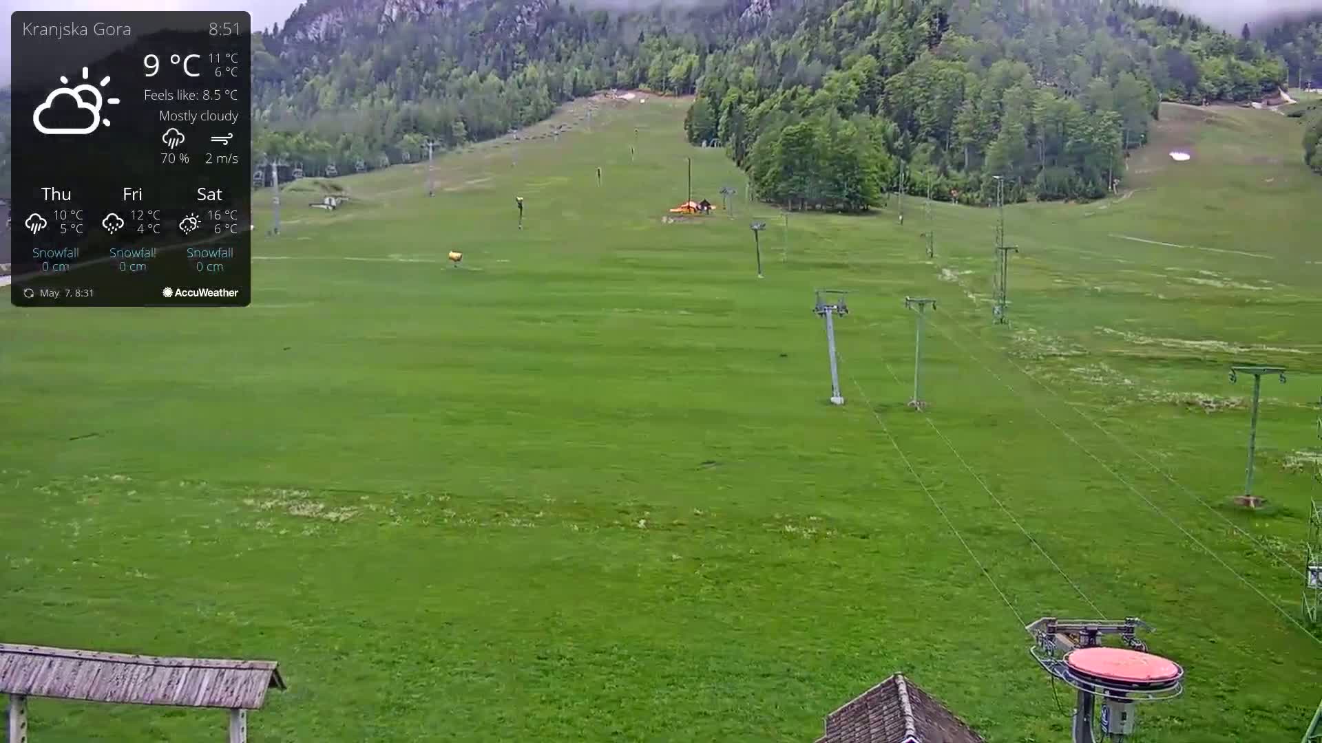 A mostly cloudy scene shows a grassy field with ski lift infrastructure, hills, and forested mountains in the background.