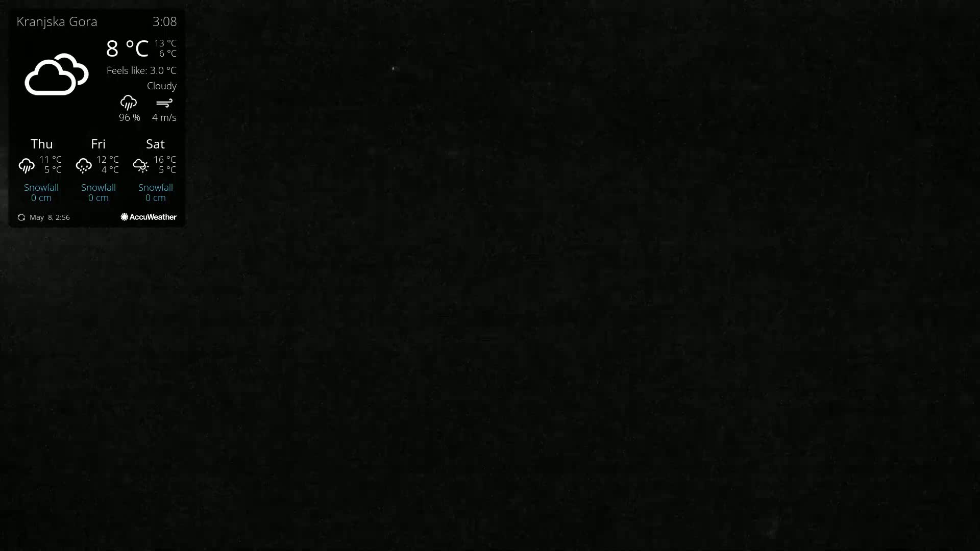 A dark, mostly black background displays a weather widget showing cloudy conditions with a temperature of 8°C and a wind speed of 4 m/s.