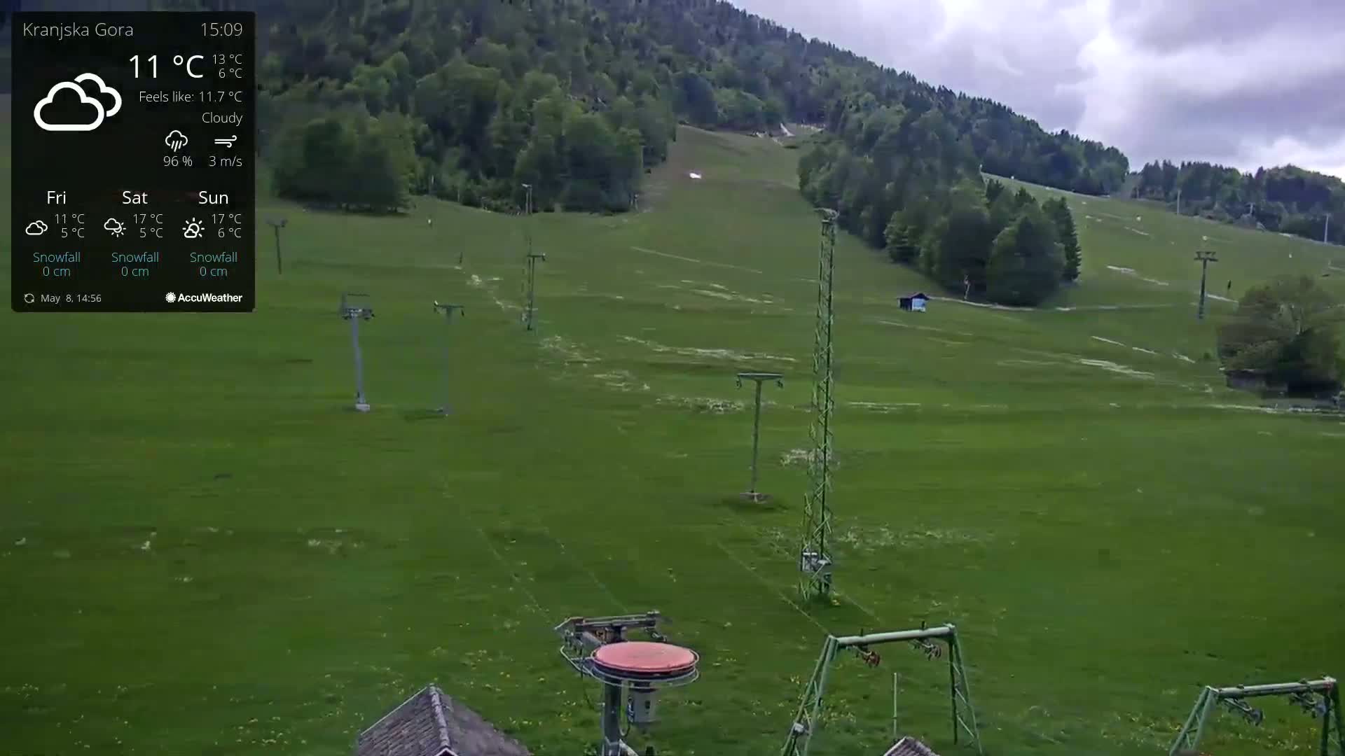 A grassy field with ski lift infrastructure is visible beneath a cloudy sky.