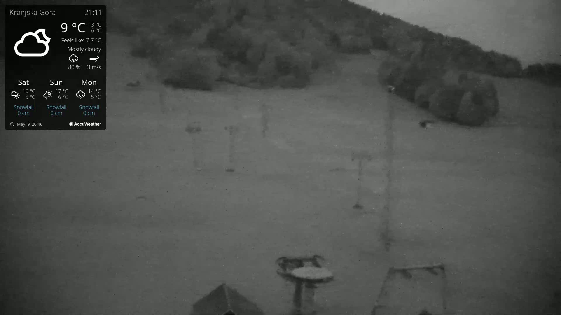 A mostly cloudy night scene shows a mostly empty, flat, light gray area with some dark shapes and tall thin poles, and a dark hill in the background.