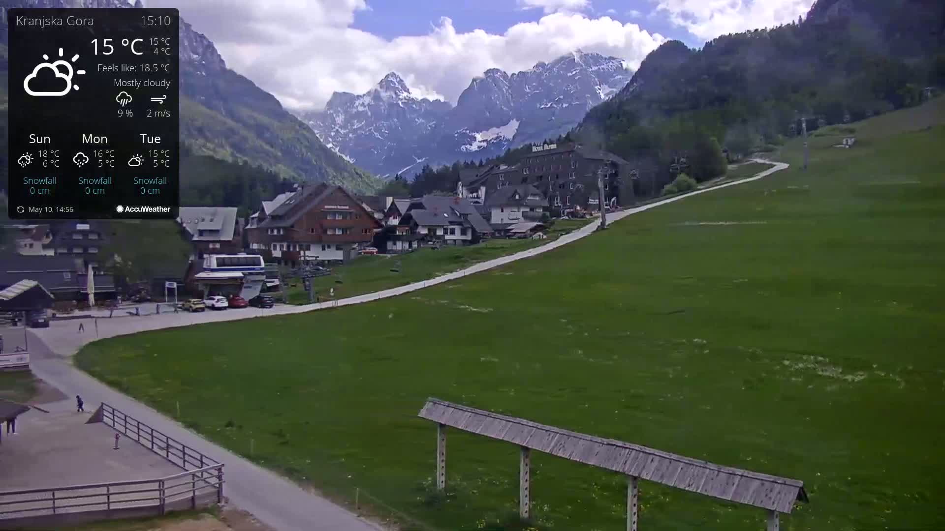 A mostly cloudy, 15°C day shows a village nestled in a valley, with snow-capped mountains in the background.