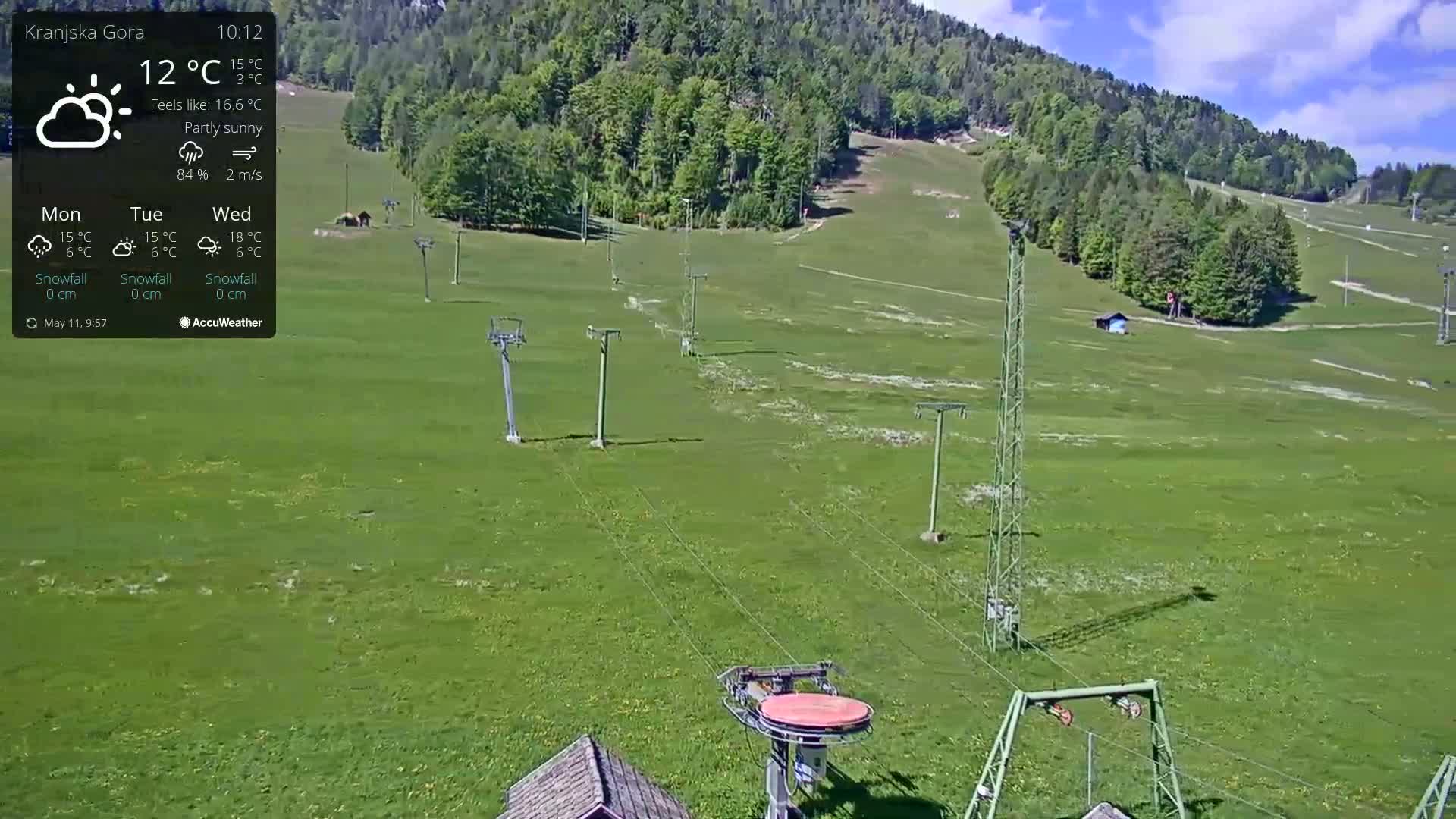 A partly sunny view of a grassy ski lift area with several lift towers and cables, set against a backdrop of green hills and trees.