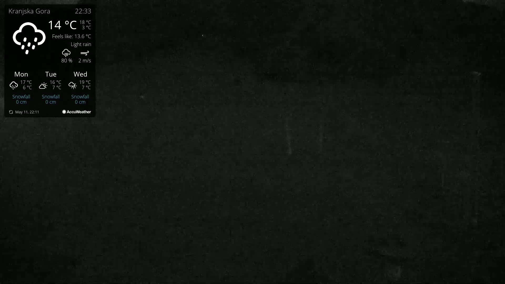 A dark gray background displays a weather widget showing light rain and a temperature of 14°C.