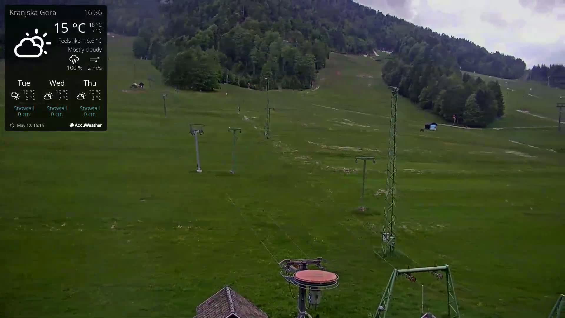 A mostly cloudy day shows a grassy area with ski lift infrastructure, situated below a forested hillside.
