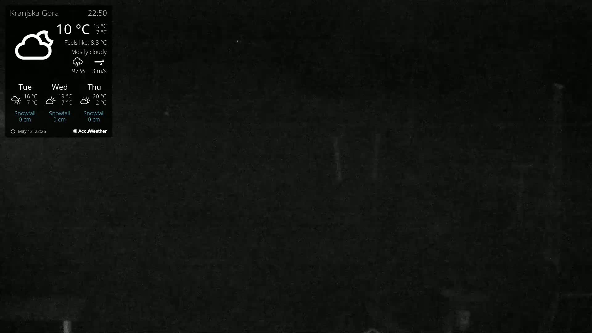 A mostly cloudy night scene with a temperature of 10°C and a wind speed of 3 m/s.