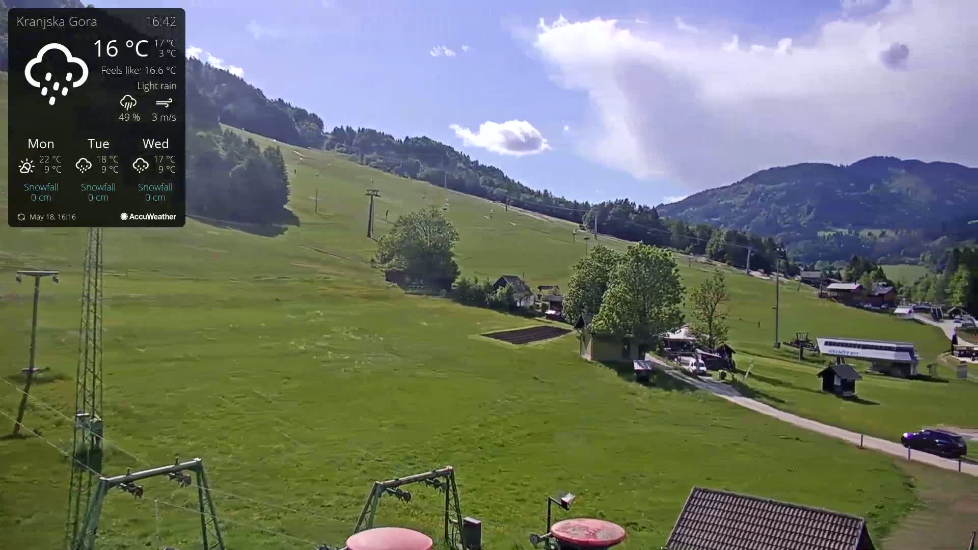 A mostly sunny, lightly rainy scene shows a grassy hillside with ski lifts, a few buildings, and a road; some trees and mountains are visible in the background.