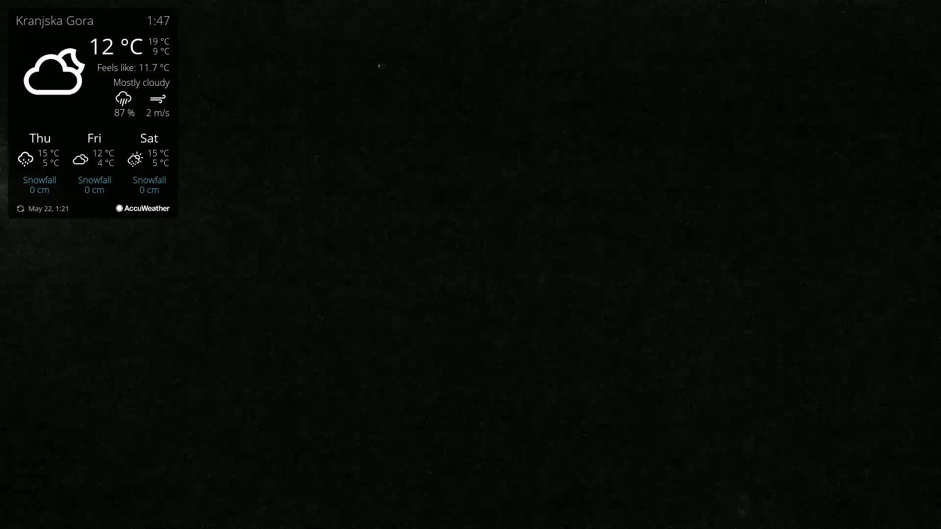 A mostly cloudy, dark image shows a weather forecast with a temperature of 12°C and a wind speed of 2 m/s.