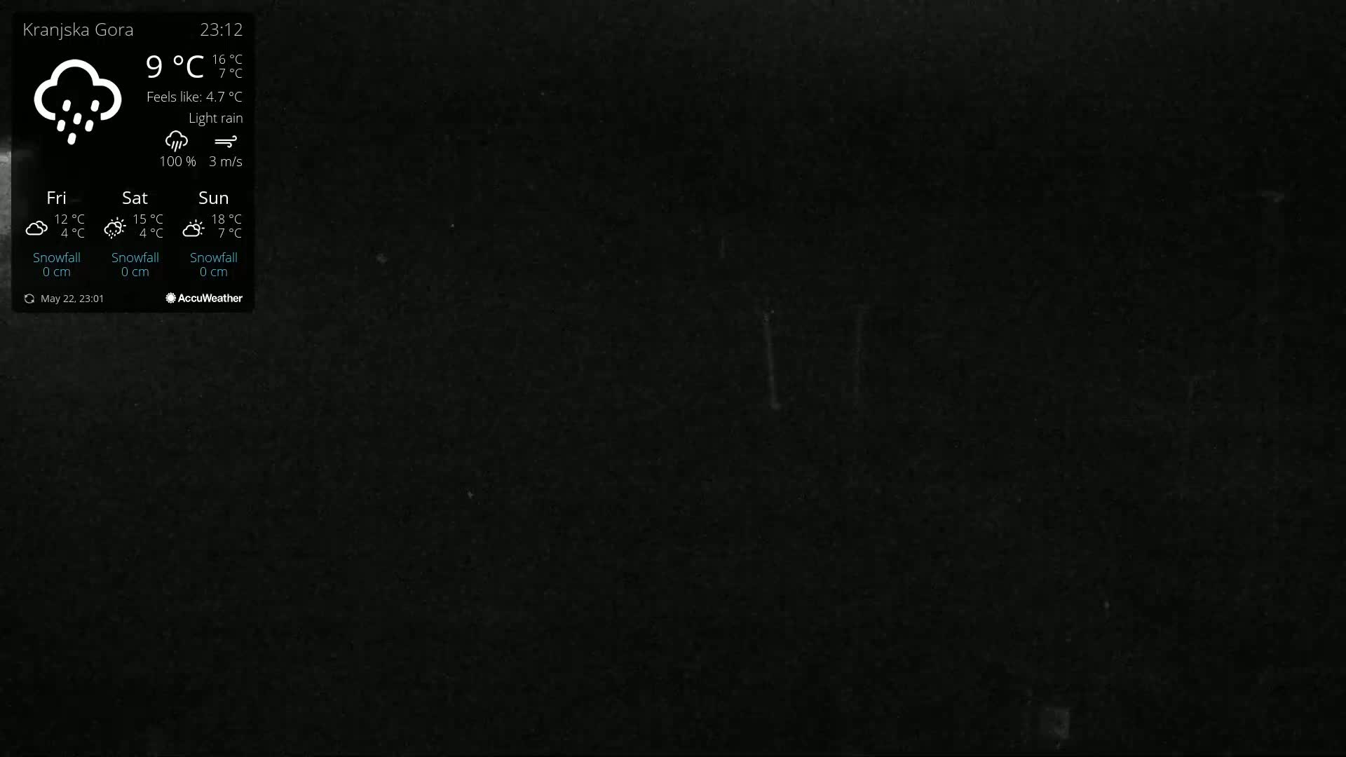 A dark, nighttime image shows light rain under mostly cloudy skies.