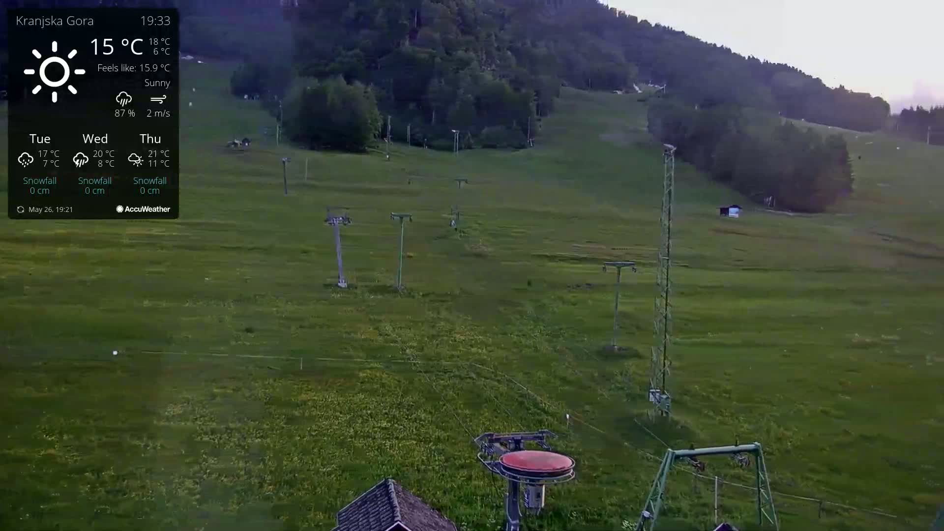 A sunny, grassy hillside with several ski lift towers is visible under a clear sky.