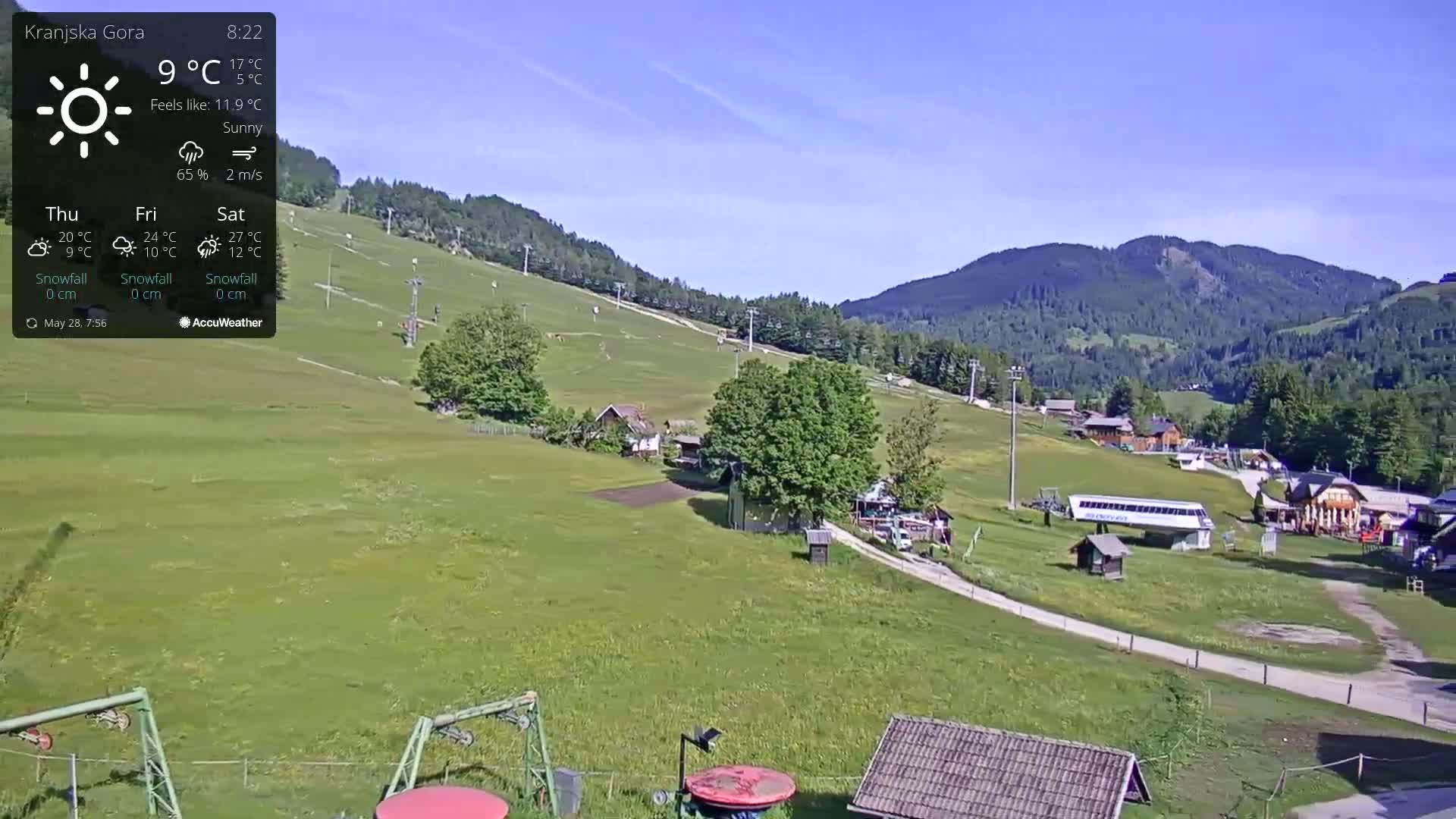 A sunny view of a grassy ski slope with chairlifts, a few buildings, and mountains in the background.