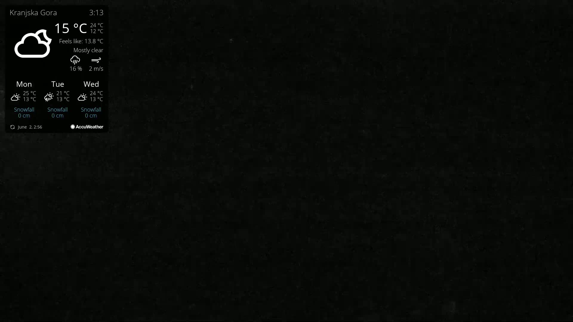 A mostly clear, 15°C day with a 2 m/s wind is shown on a dark-colored weather app display.