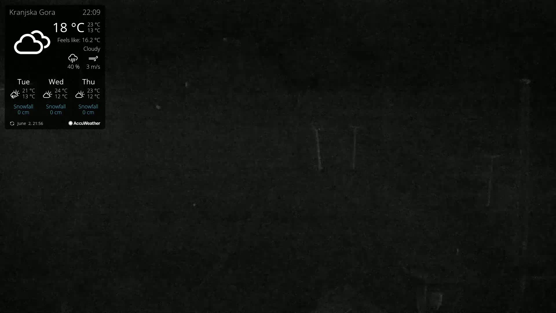 A mostly dark image shows a cloudy night with a temperature of 18°C and a wind of 3 m/s.