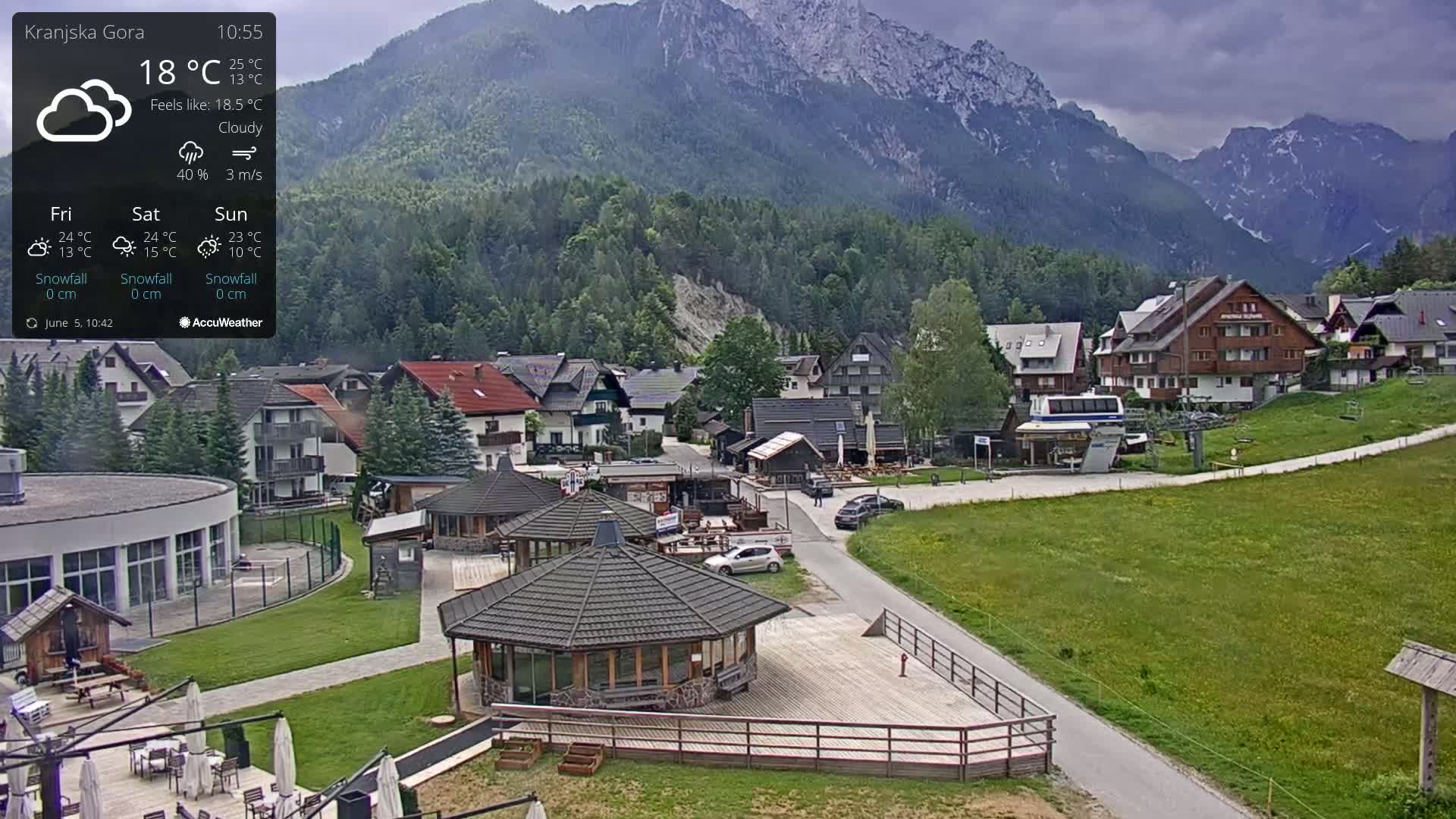 A cloudy mountain village with several buildings, a paved road, and grassy areas, under a partly cloudy sky.