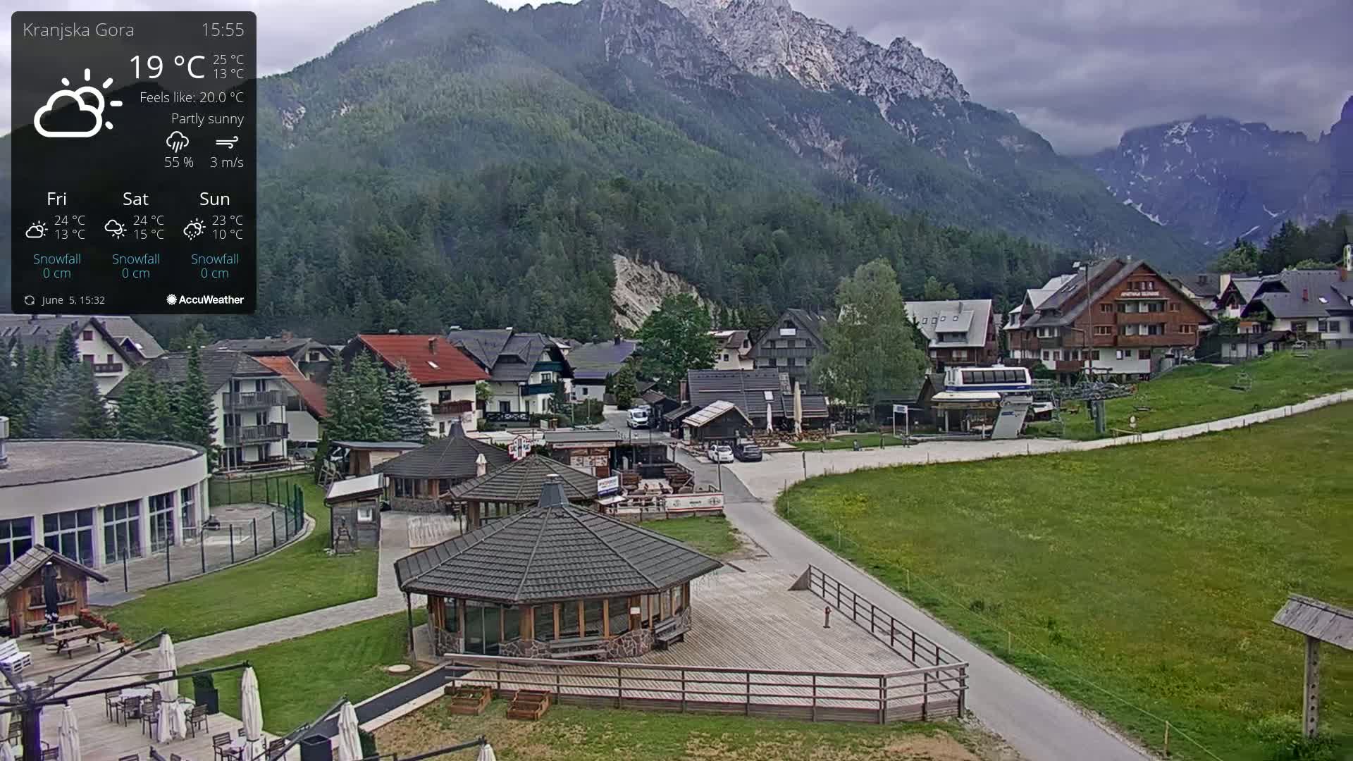 A partly sunny mountain village with several buildings, grassy areas, and a paved road, nestled in a valley beneath large mountains.