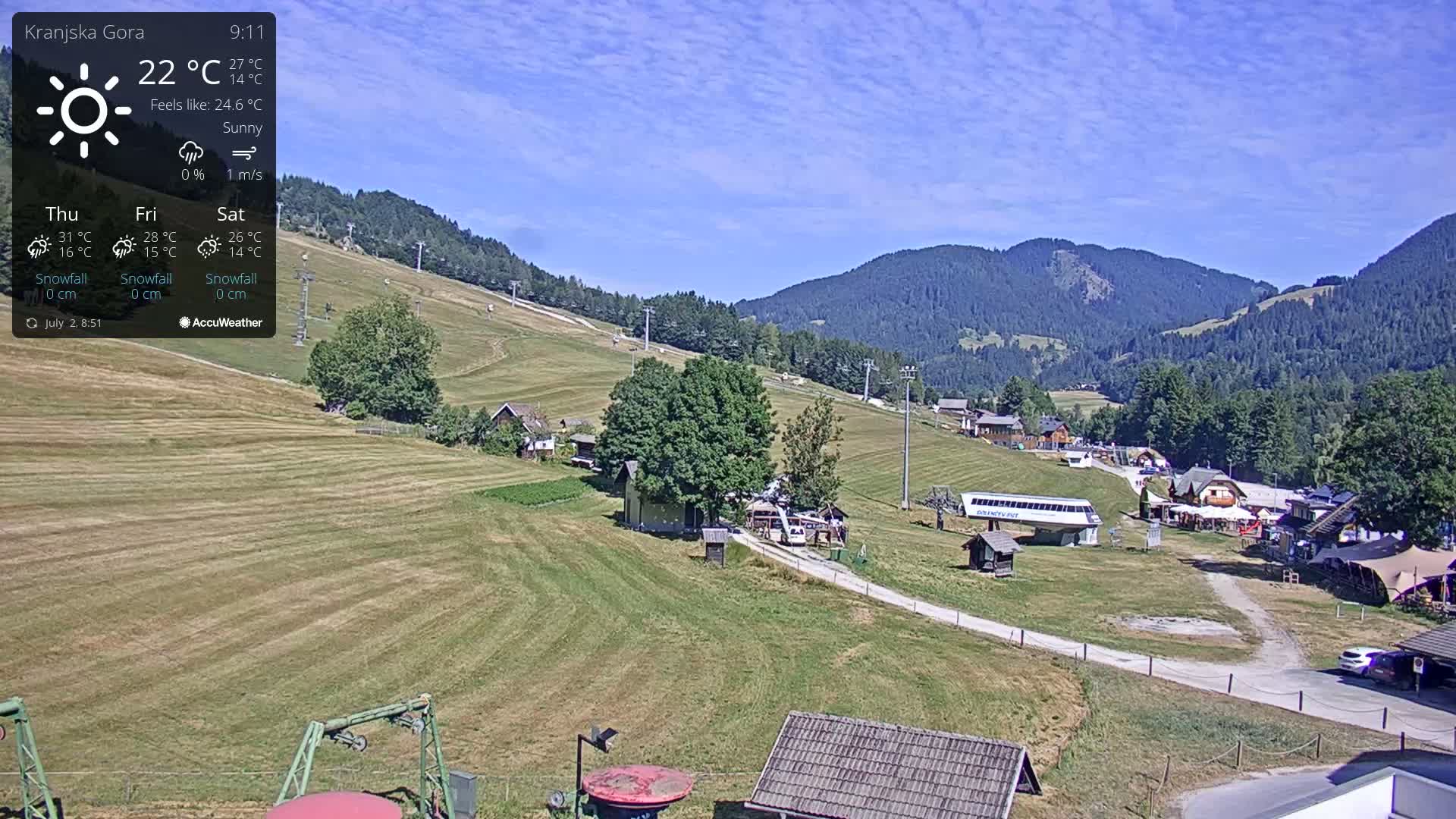 A sunny, mountainous landscape with grassy hills, ski lifts, and a few buildings, under a mostly clear sky.