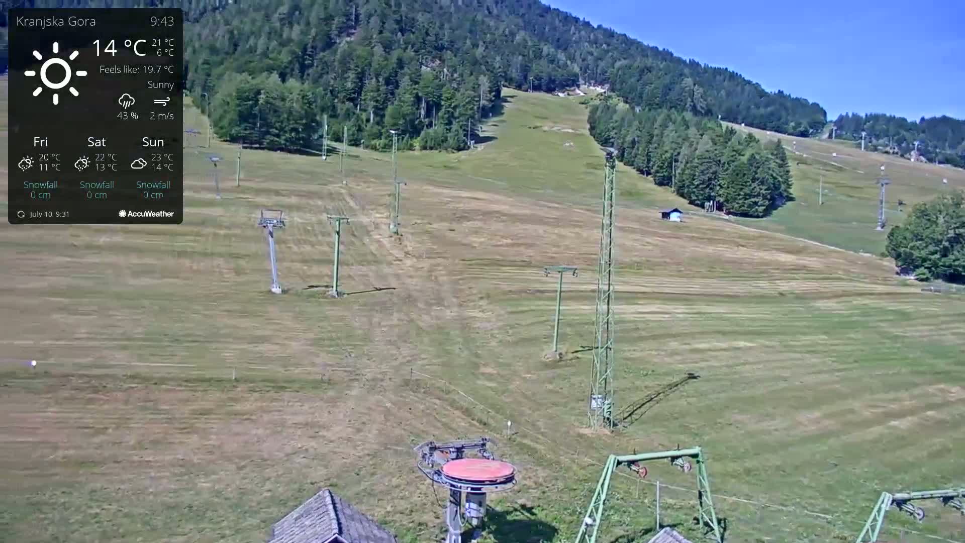 A sunny, grassy hillside with several ski lifts and a forested mountain in the background.