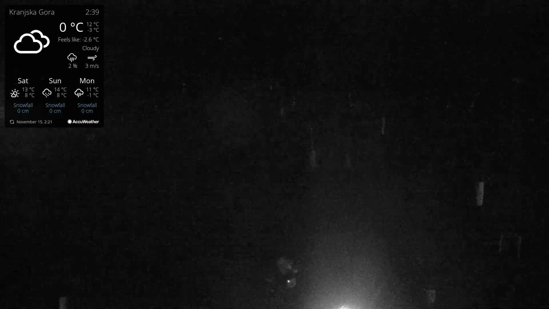 The image depicts a very dark outdoor scene at night with numerous faint, diffuse vertical streaks illuminated by a bright light source, suggestive of falling precipitation and low visibility.