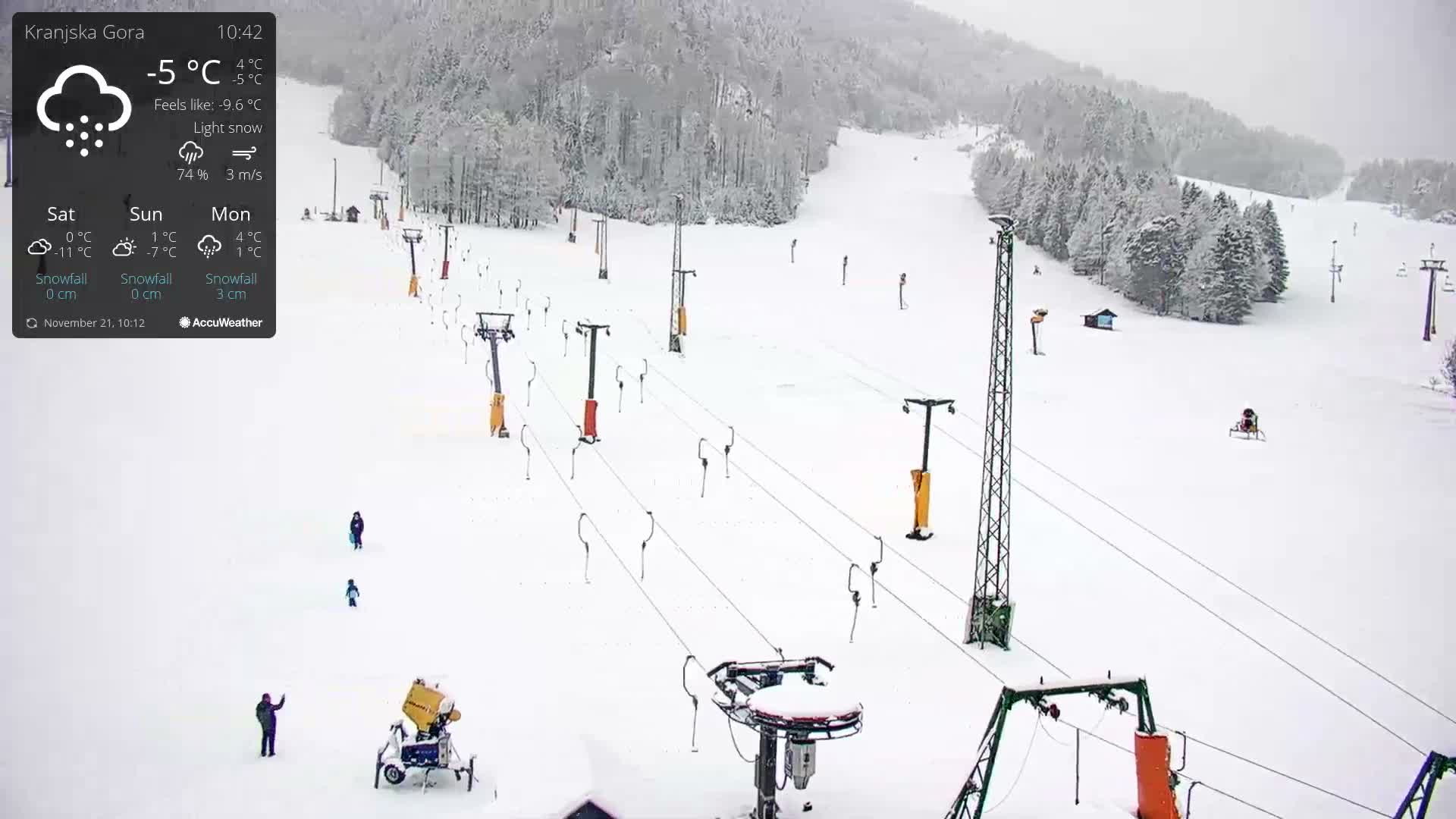 On a cold day with light snow, a snow-covered ski slope is visible, featuring numerous ski lifts, a bordering winter forest, and a few people along with a snow cannon.