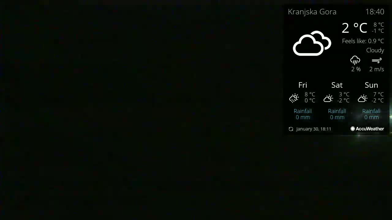A mostly black screen displays a weather forecast showing cloudy conditions with a temperature of 2°C and a wind speed of 2 m/s.