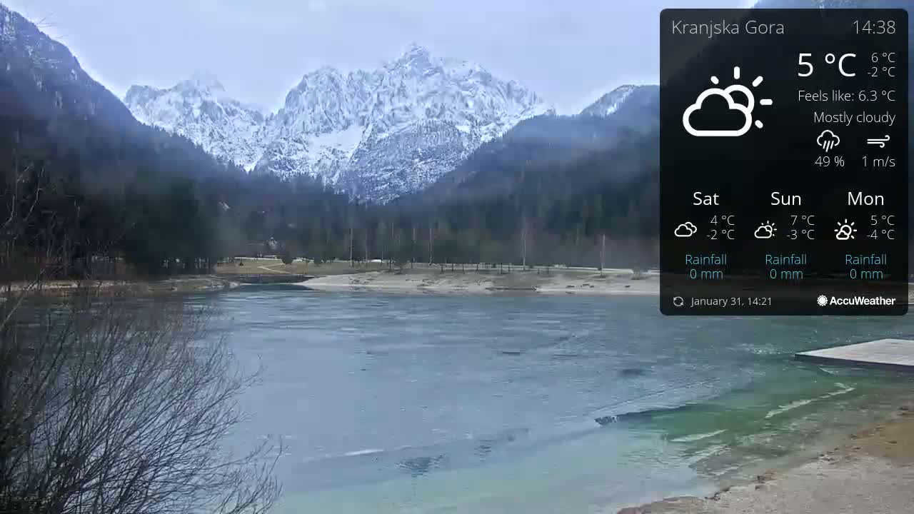 A mostly cloudy day reveals a partially frozen lake in front of snow-capped mountains.