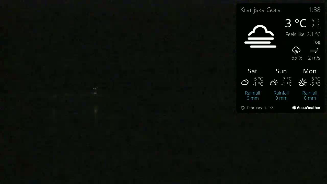 A very dark, foggy nighttime scene is visible.