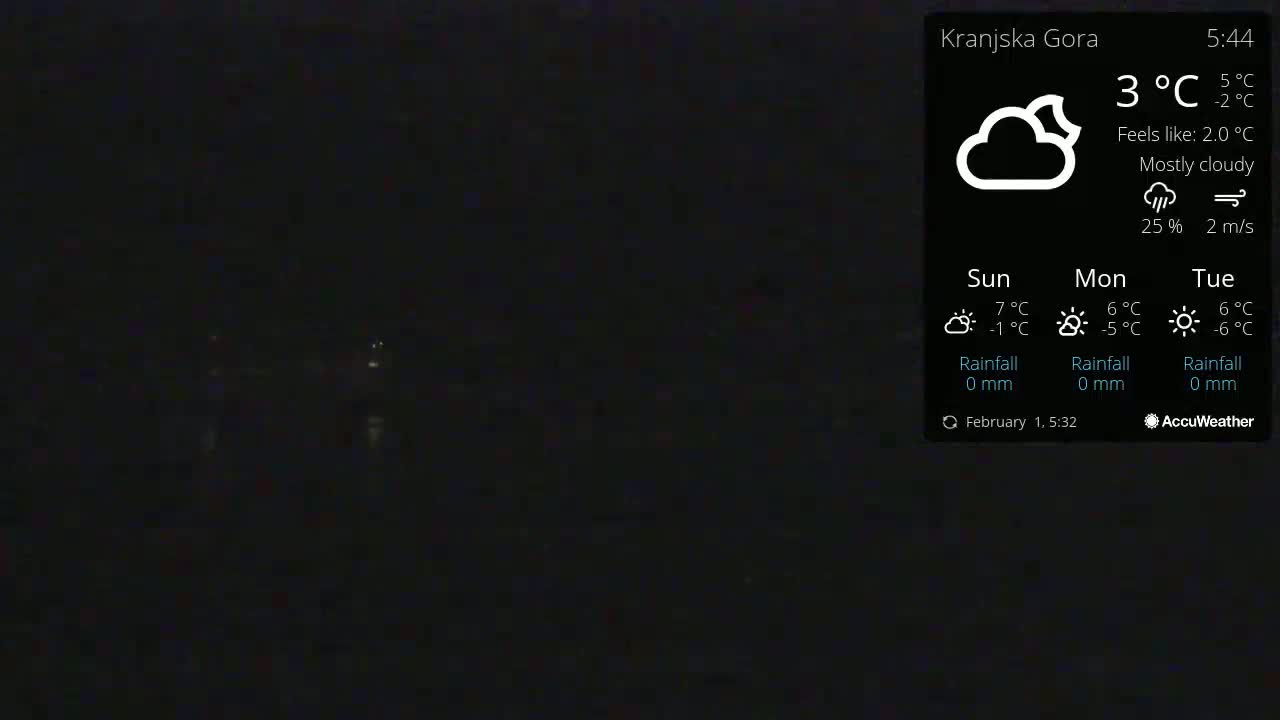 A mostly cloudy night scene shows faint lights in the dark distance.
