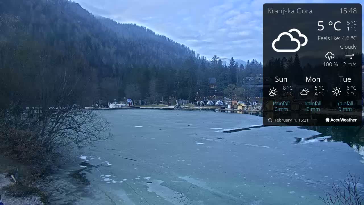 A partially frozen lake sits in front of a mountain range under a cloudy sky.