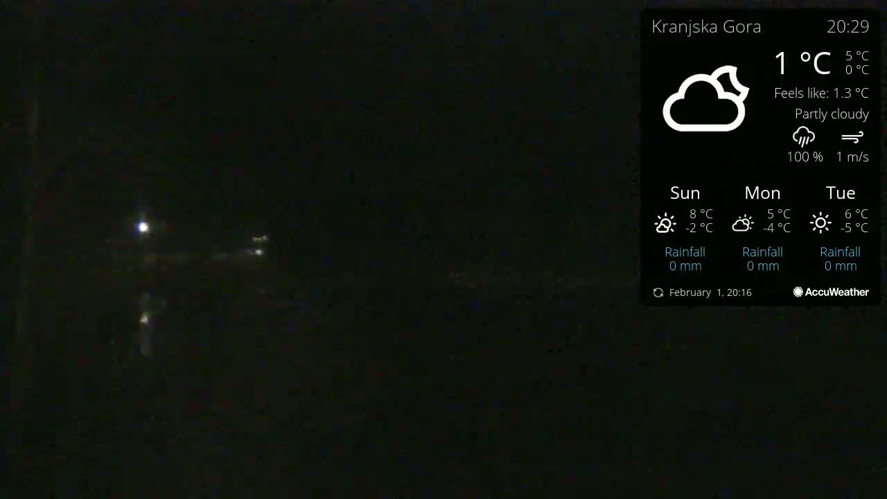 A nighttime, partly cloudy scene with faint lights visible in the distance under a 1°C temperature.