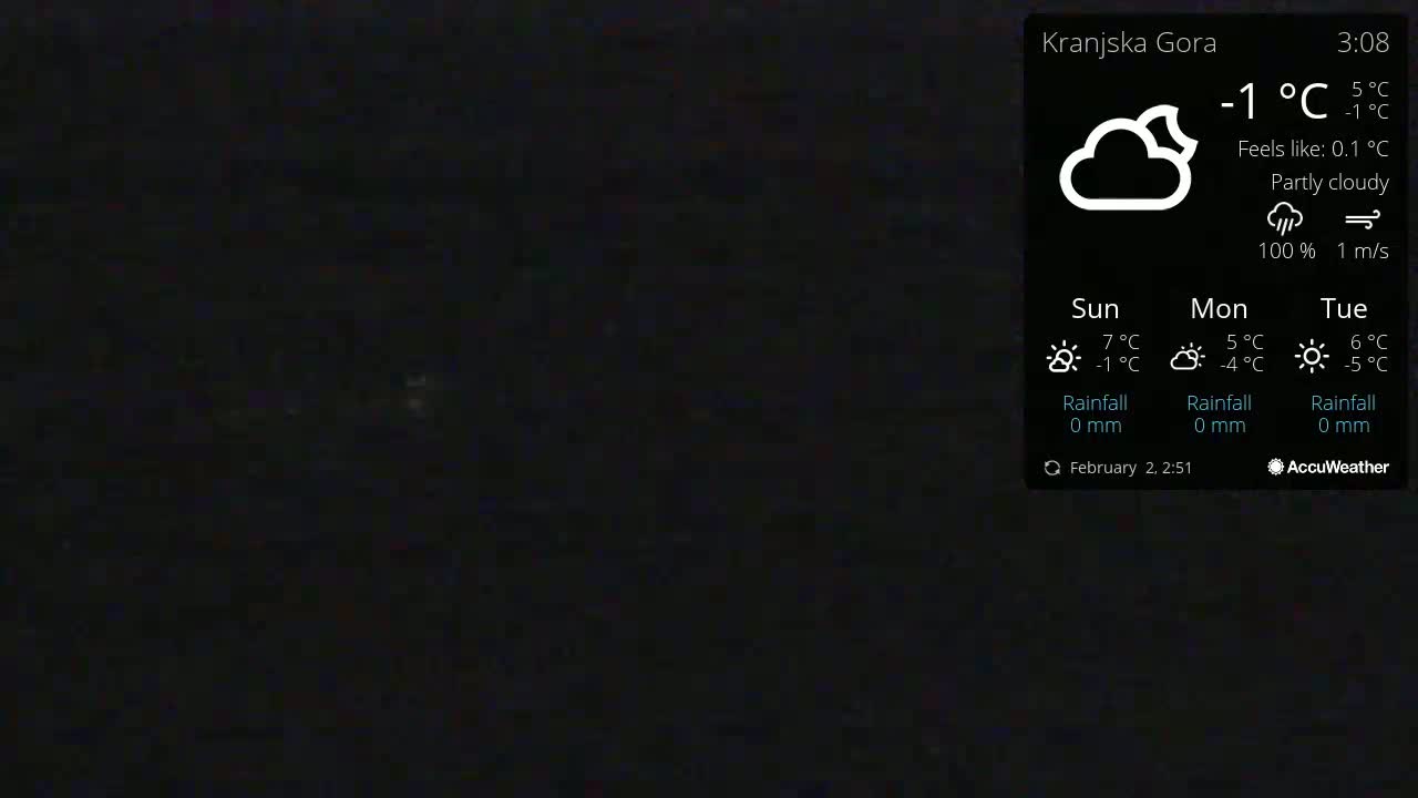 A dark, nighttime scene with partly cloudy skies and a temperature of -1°C.