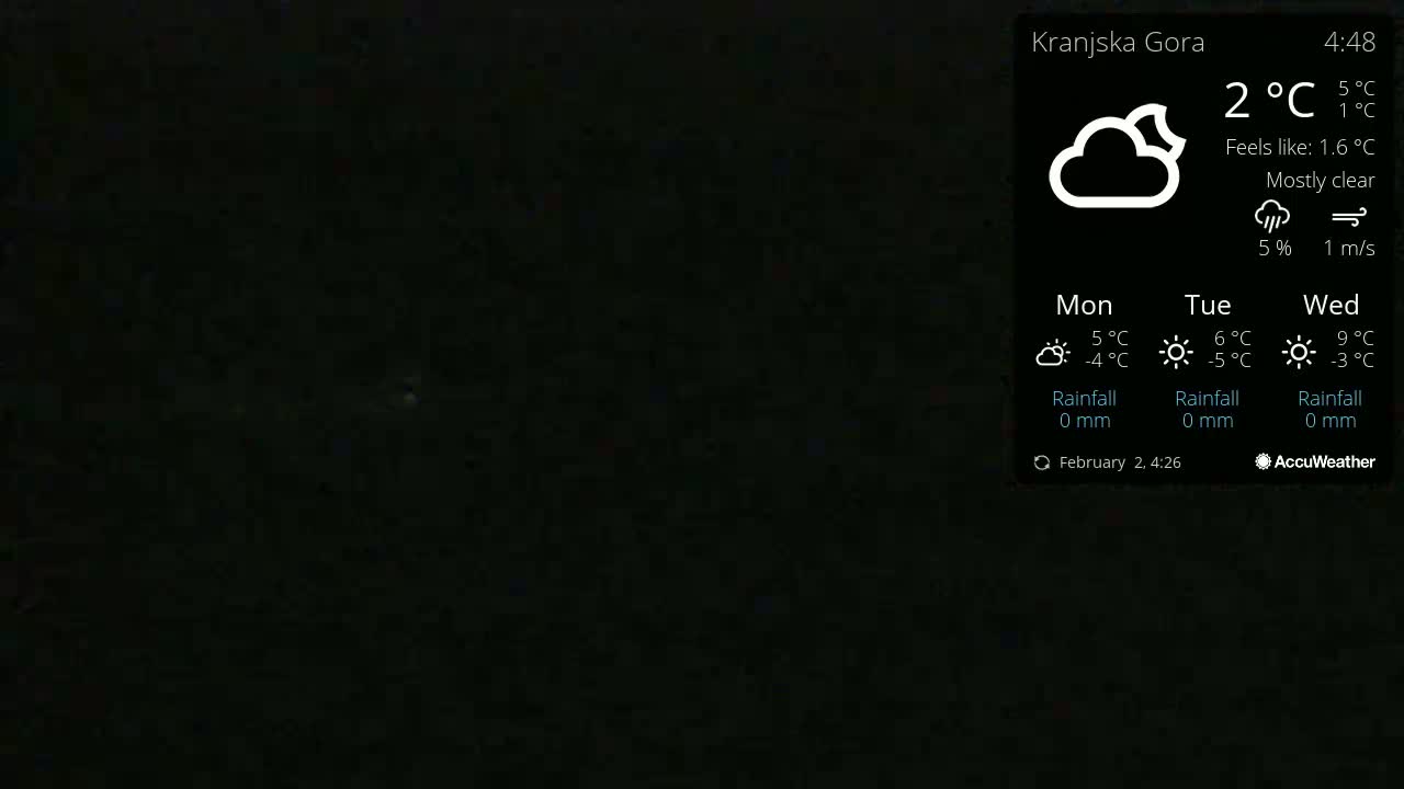 A mostly clear night sky is visible, with a temperature of 2°C and a light wind.