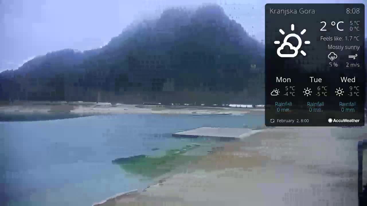 A mostly sunny, calm day is shown over a body of still water with a mountain in the background.