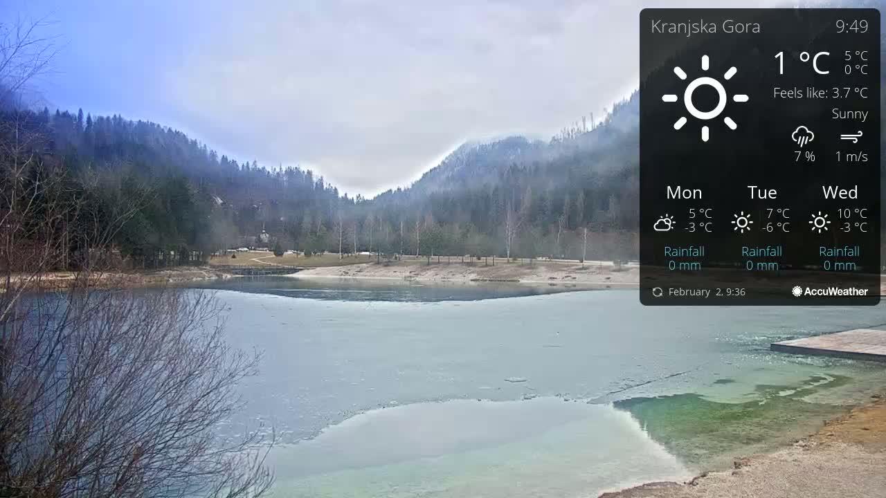 A partially frozen lake is nestled below a mostly sunny, misty mountain range.