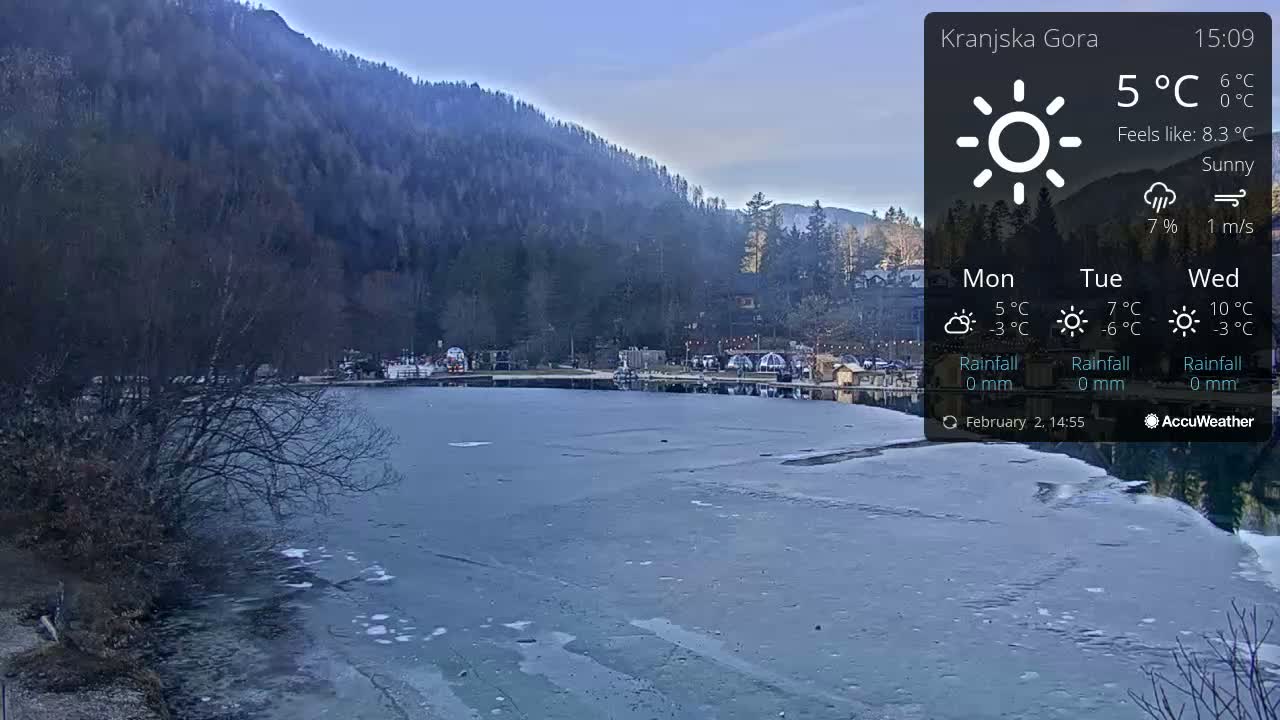 A partially frozen lake is situated before a mountain range under sunny skies.