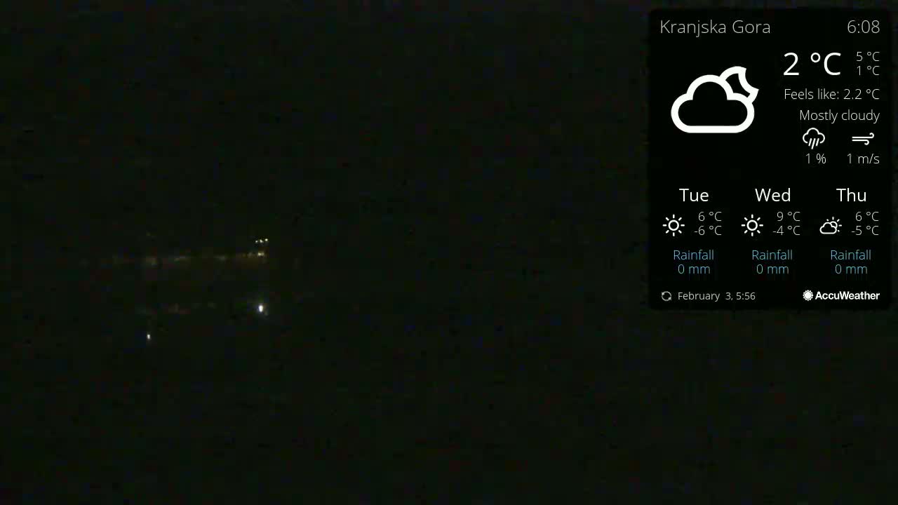 A mostly cloudy night scene shows a few distant lights in the dark.