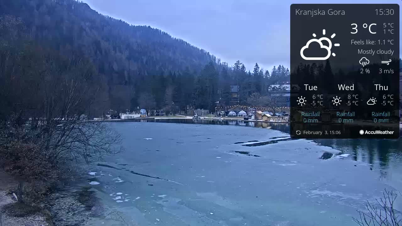 A partially frozen lake sits before a mountain range under a mostly cloudy sky.