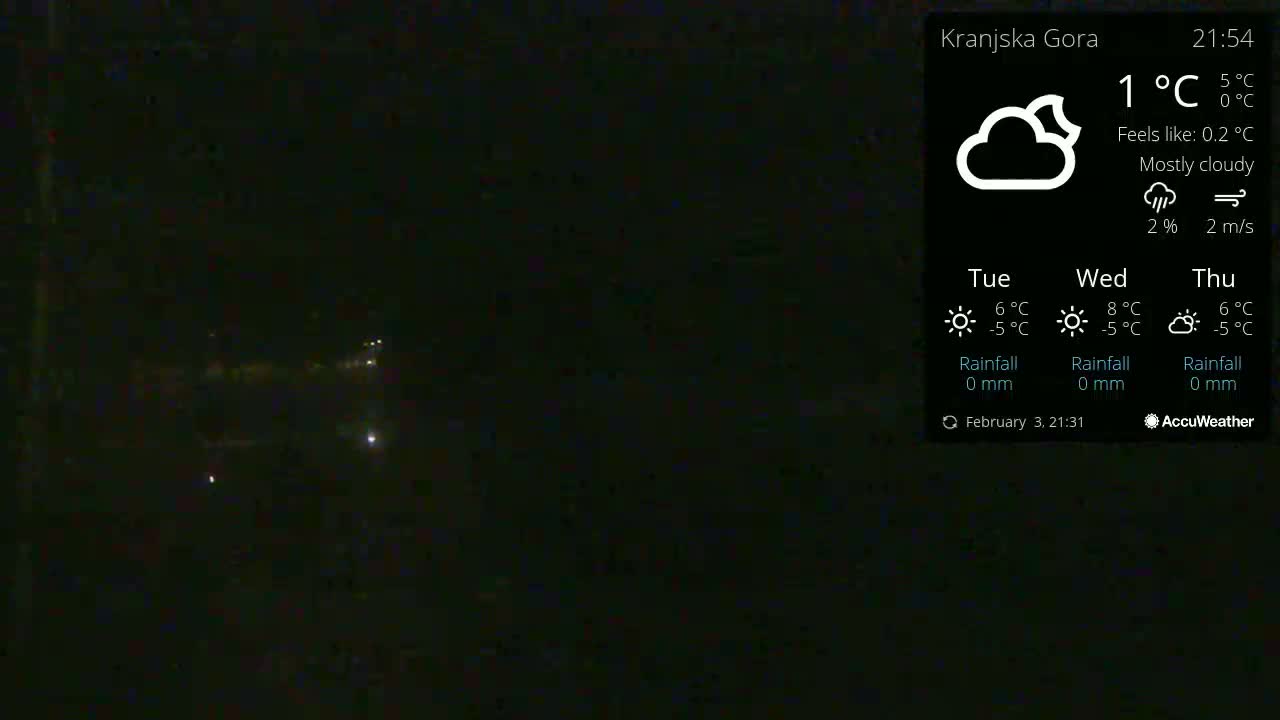 A dark, mostly cloudy night scene shows a few distant lights in the distance, with a temperature of 1°C.