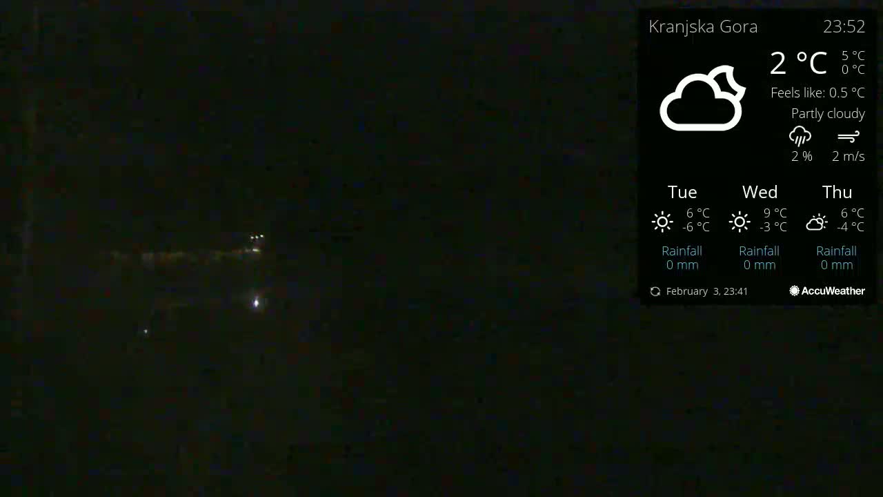A nighttime, partly cloudy scene shows a few distant lights under a dark sky.