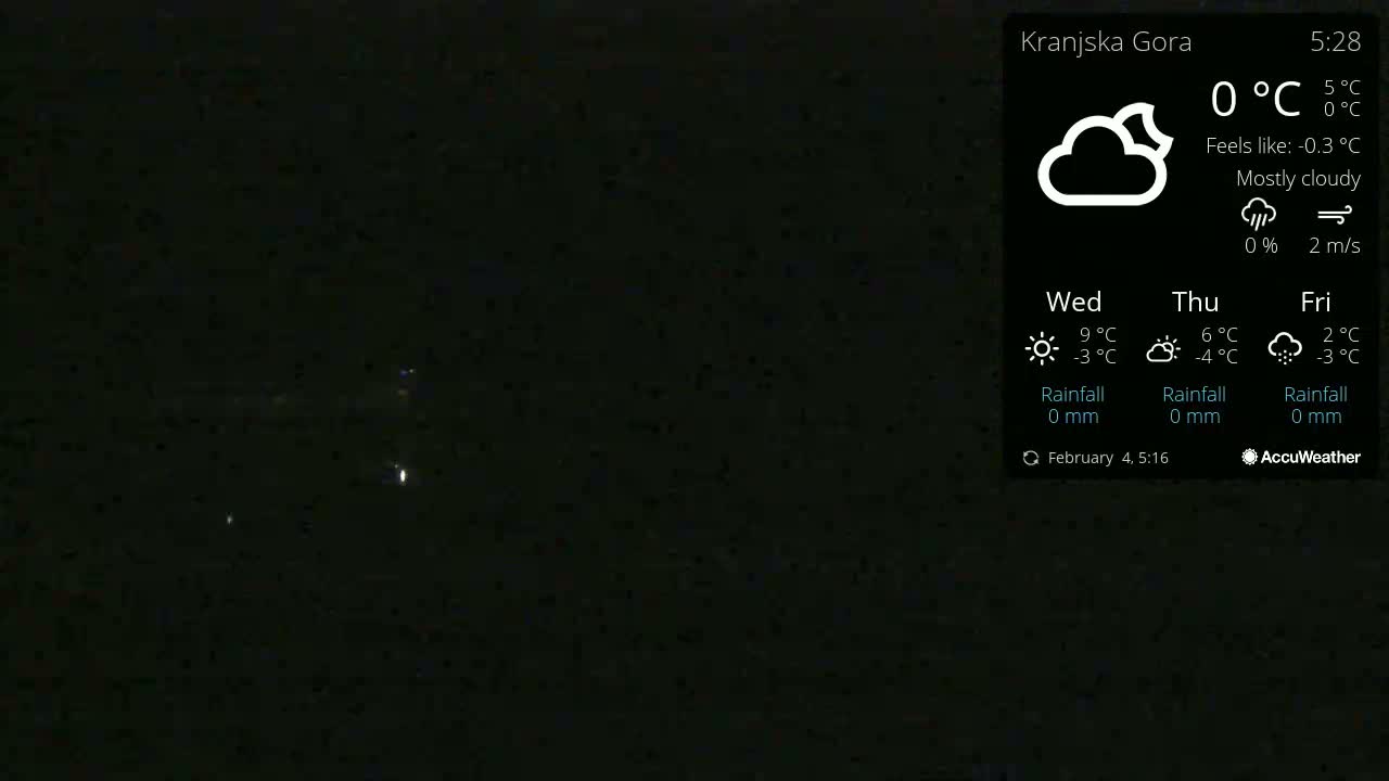 A mostly cloudy night scene with a few distant lights visible, under a 0°C temperature.