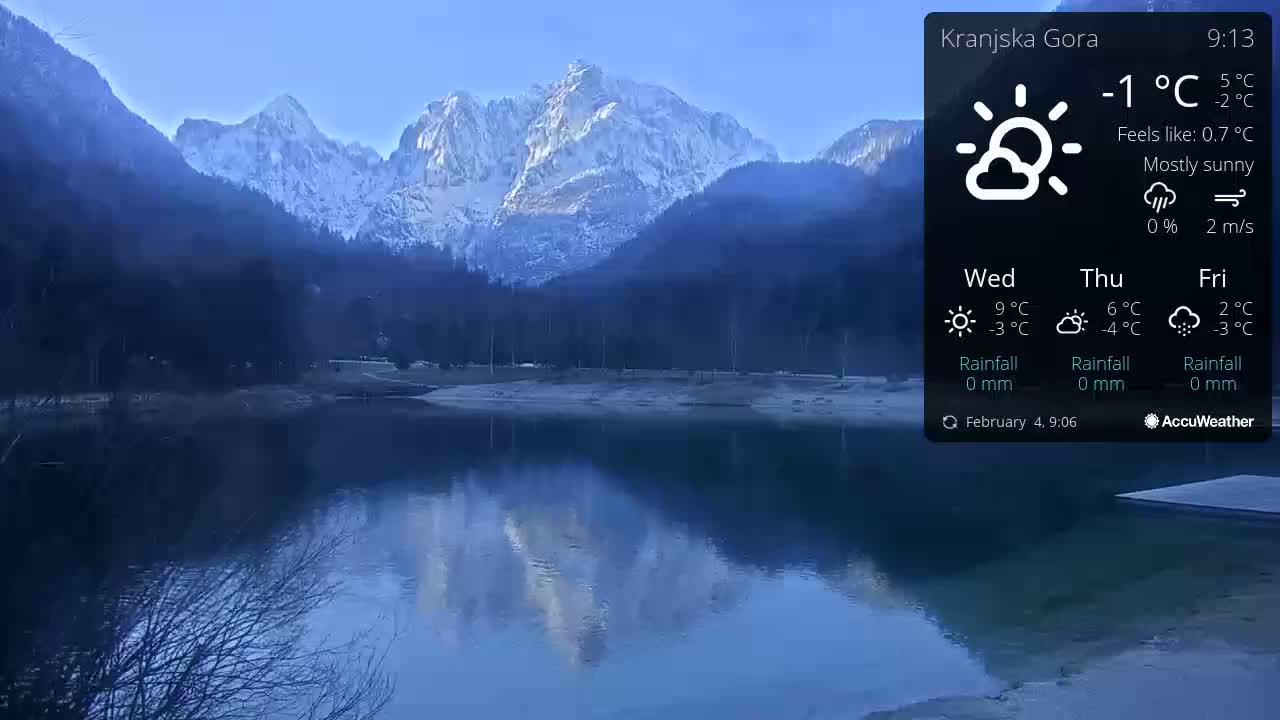 A calm lake reflects snow-capped mountains under a mostly sunny sky.