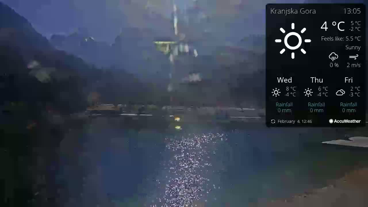 A sunny, calm day with a temperature of 4°C is shown over a dark body of water reflecting sunlight, mountains are visible in the background.